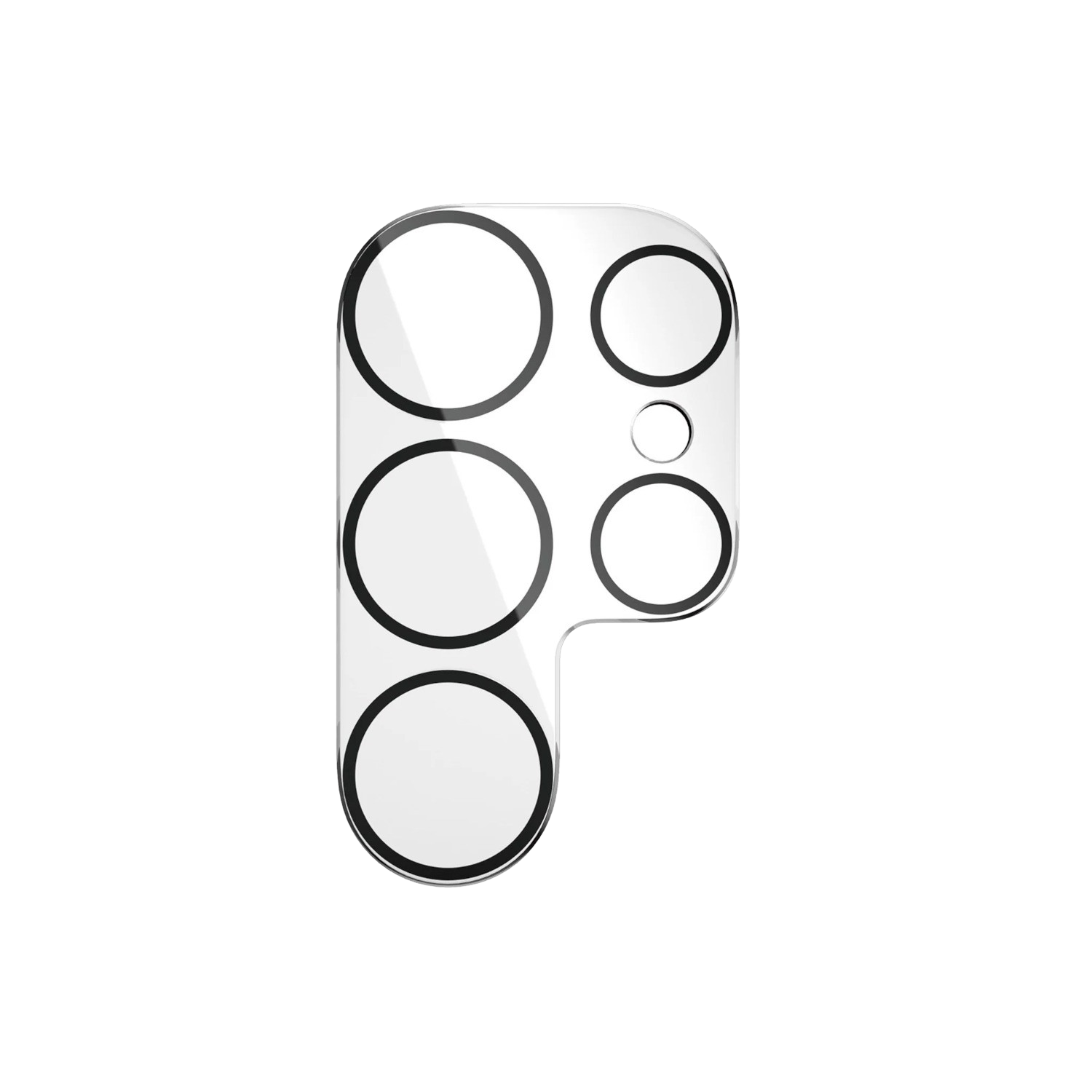 Protecteur d'objectif de caméra avec six découpes circulaires. Cercles noirs sur une pièce claire et rectangulaire.