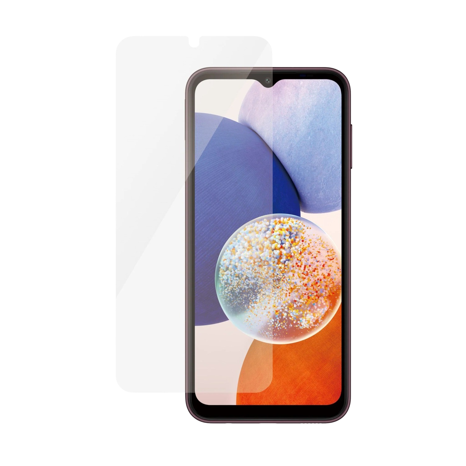 Un smartphone avec un protecteur d'écran, avec un motif abstrait sur l'écran.
