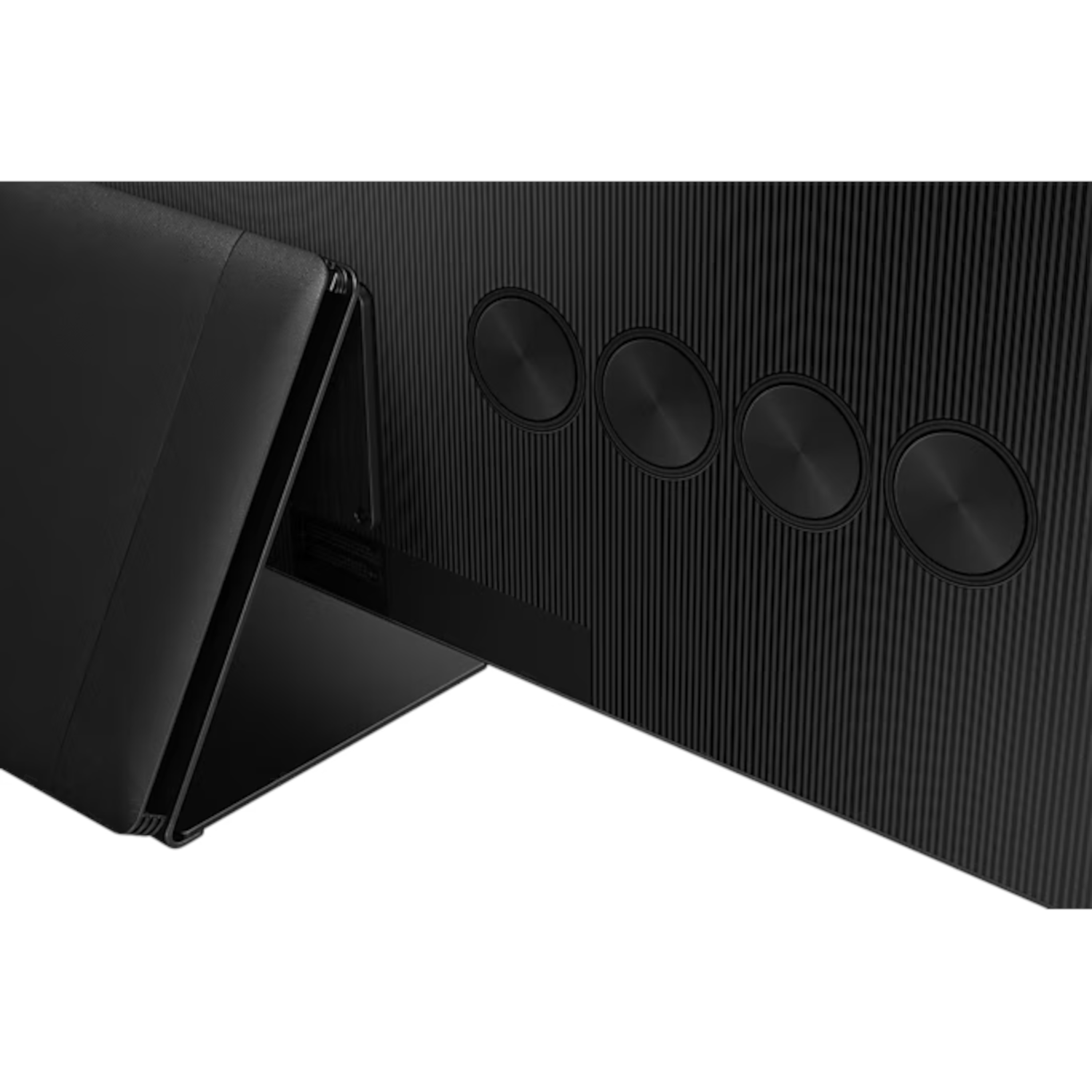 TV noir avec quatre boutons circulaires. Le téléviseur a un dos texturé. Un support noir est connecté au téléviseur.