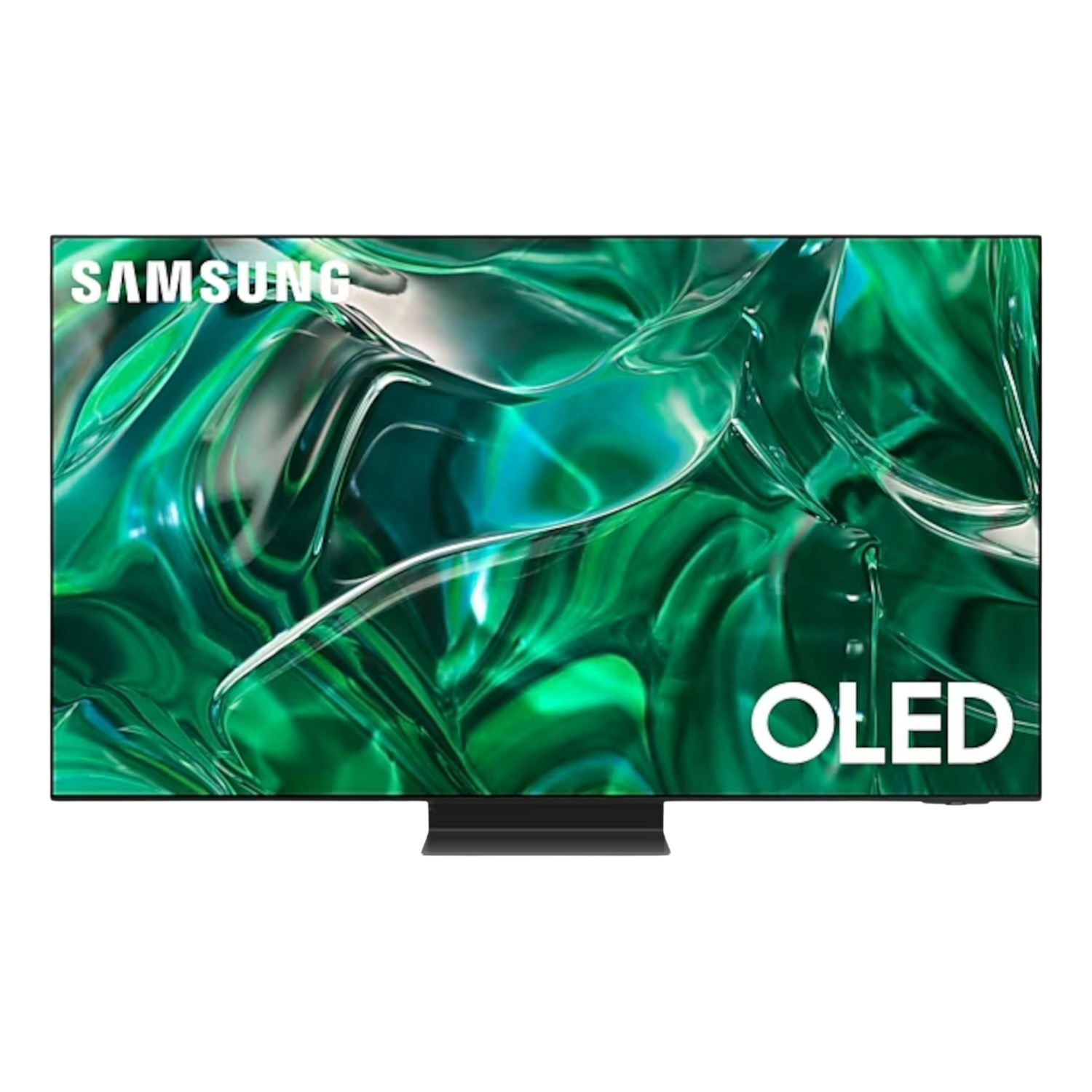 Un téléviseur Samsung OLED avec un affichage abstrait vert est sur un socle noir. Le mot "SAMSUNG" est en haut à gauche.