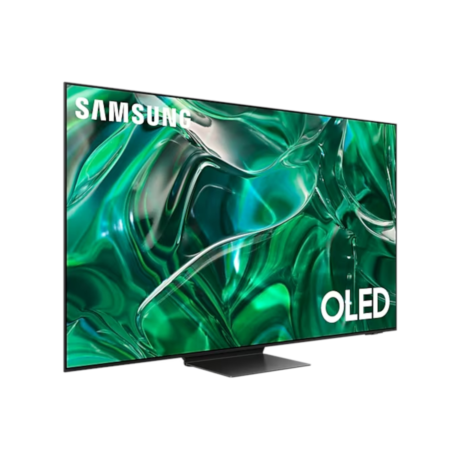 Un téléviseur OLED Samsung. L'écran affiche un motif abstrait vert. Le téléviseur a un cadre et un pied noirs. "SAMSUNG" et "OLED" sont visibles.