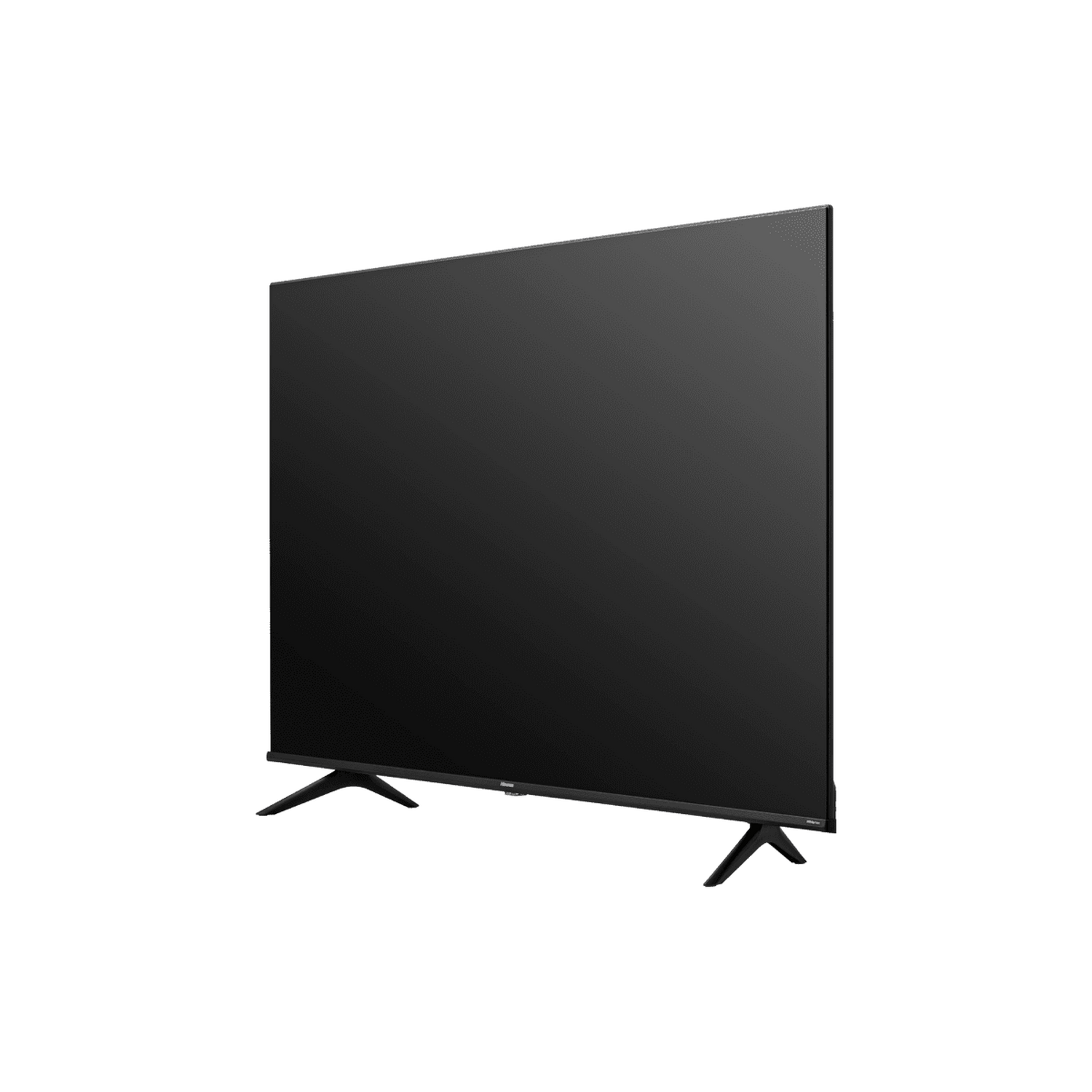 Una pantalla de TV negra sobre soportes, aislada sobre un fondo gris.