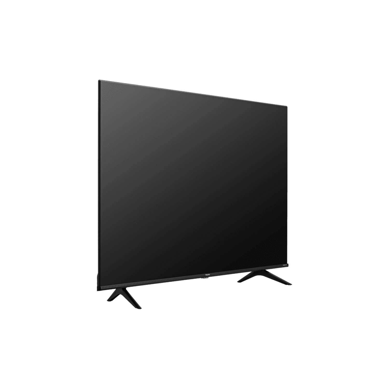 Vista lateral de un televisor negro con soporte y fondo negro.