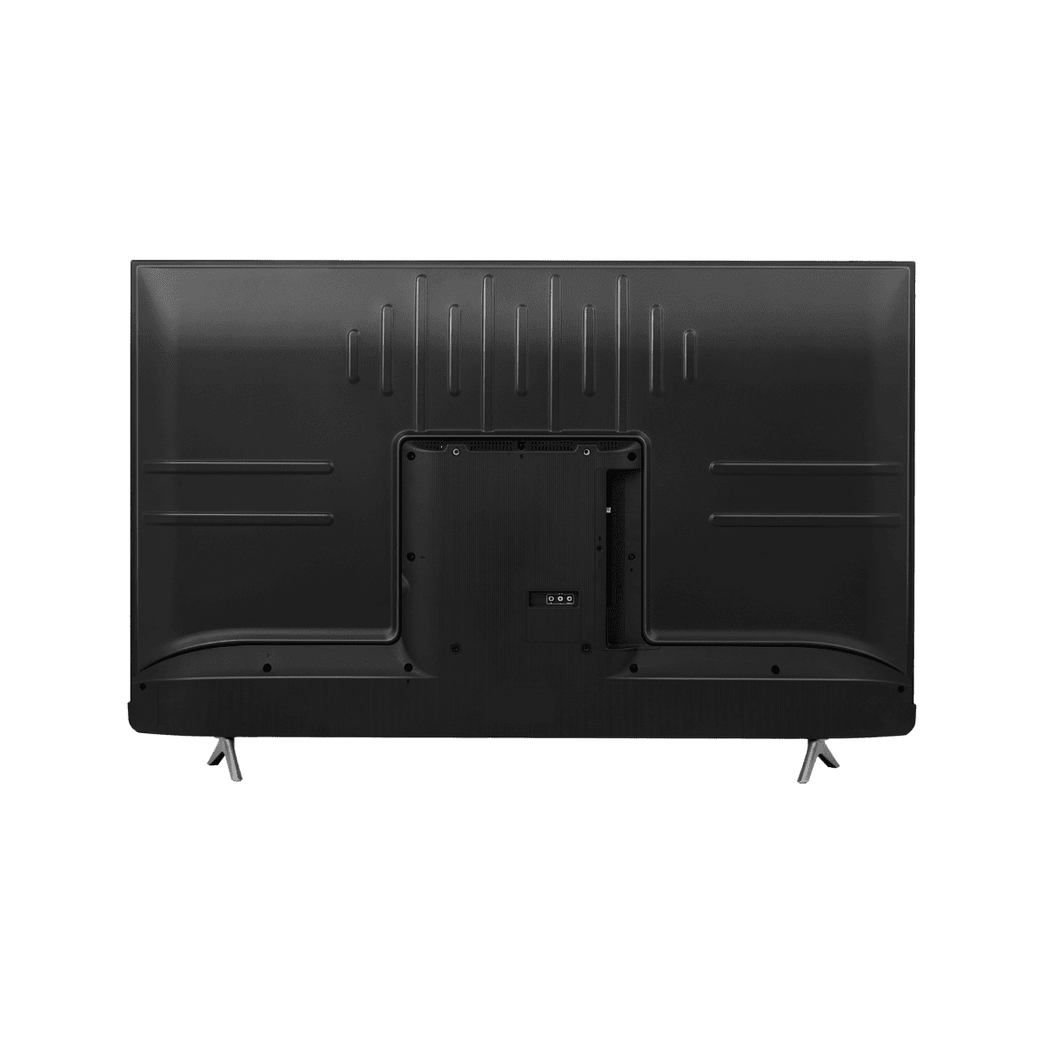 Parte trasera de un televisor negro. Muestra puertos y montaje.
