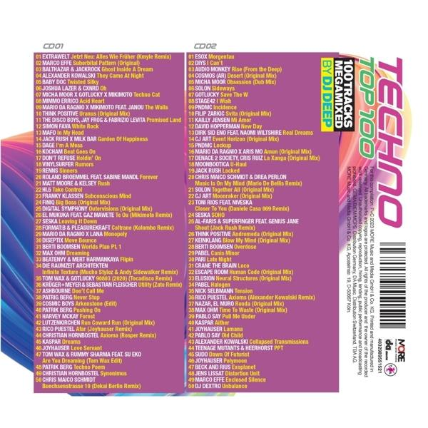 Ein CD-Cover für eine Techno-Musik-Compilation mit einer Liste von Titeln und Künstlernamen.