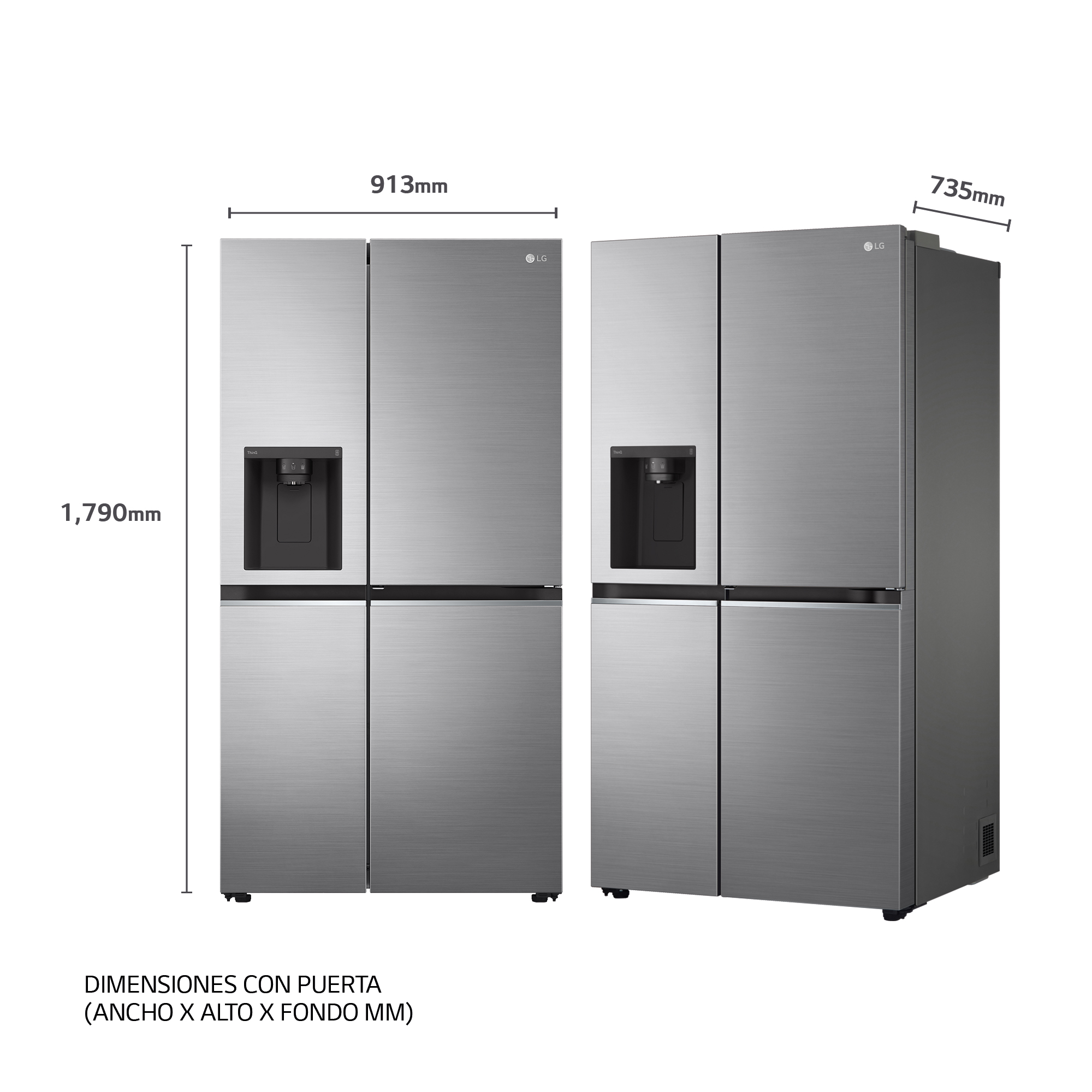 Dos refrigeradores plateados uno al lado del otro, dimensiones mostradas. Cada uno tiene dos puertas, dispensador de hielo y agua.