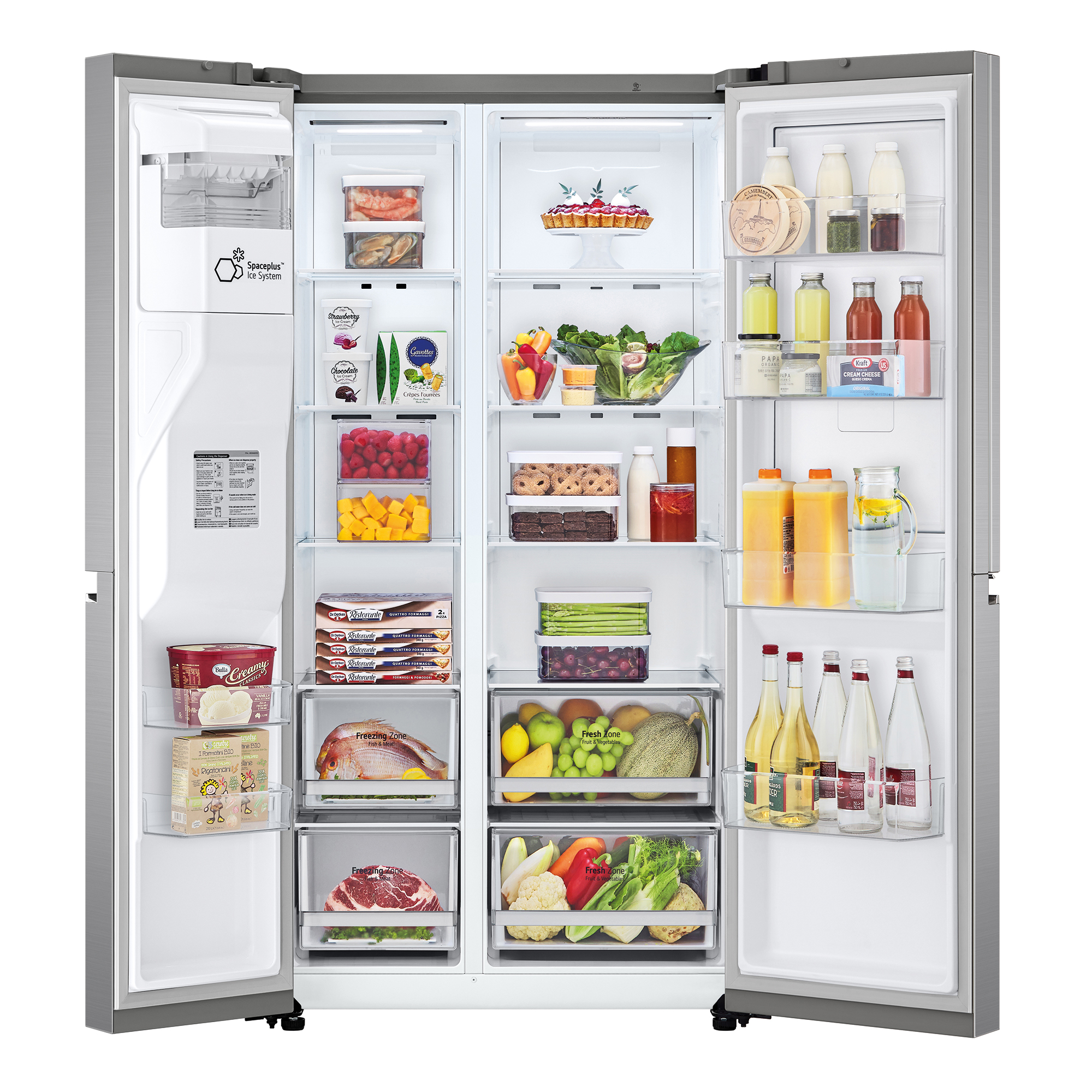 Refrigerador abierto lleno de comida. Frutas, verduras y bebidas son visibles. Acero inoxidable e interior blanco.