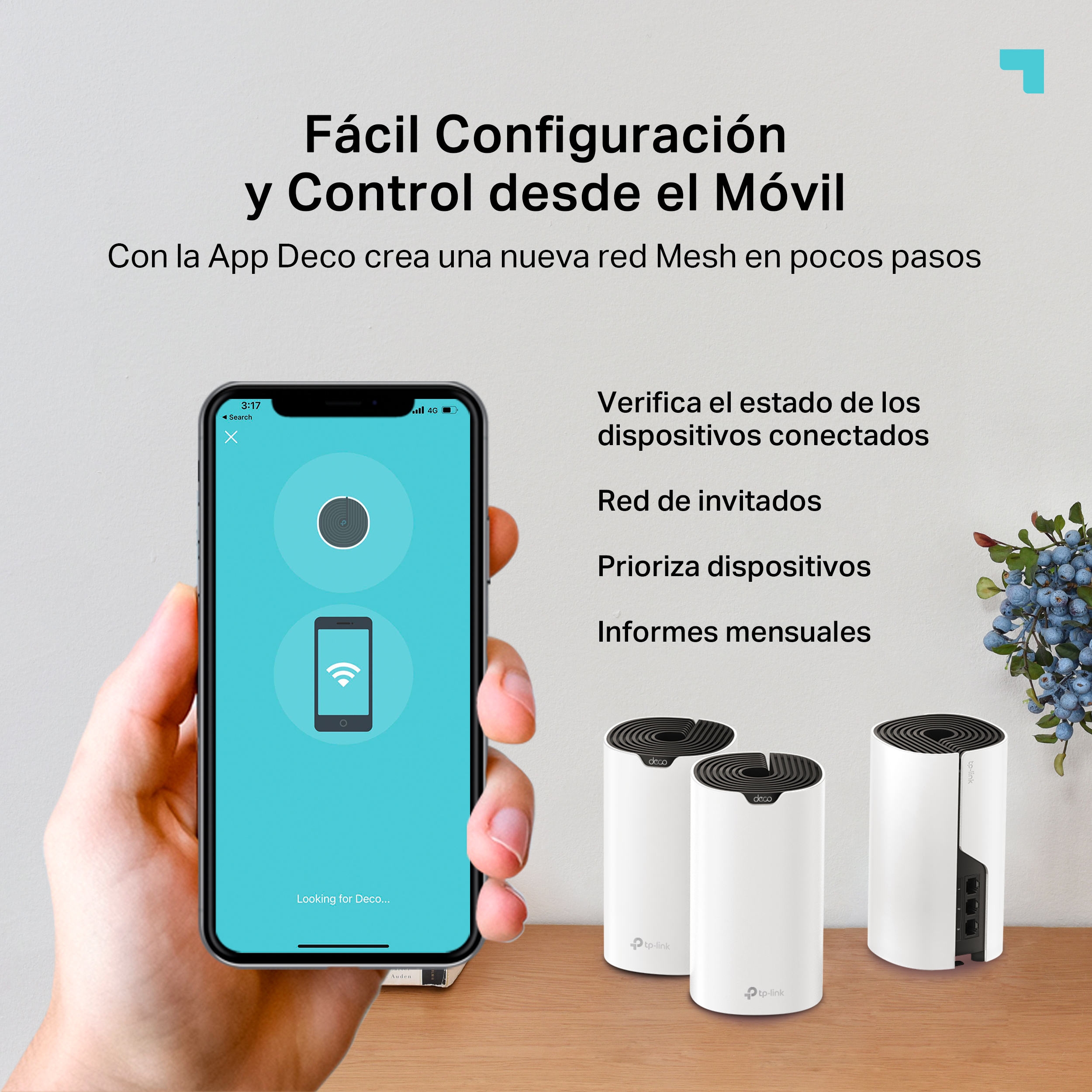 Smartphone que muestra una aplicación, con dispositivos wifi de malla blanca en el escritorio.