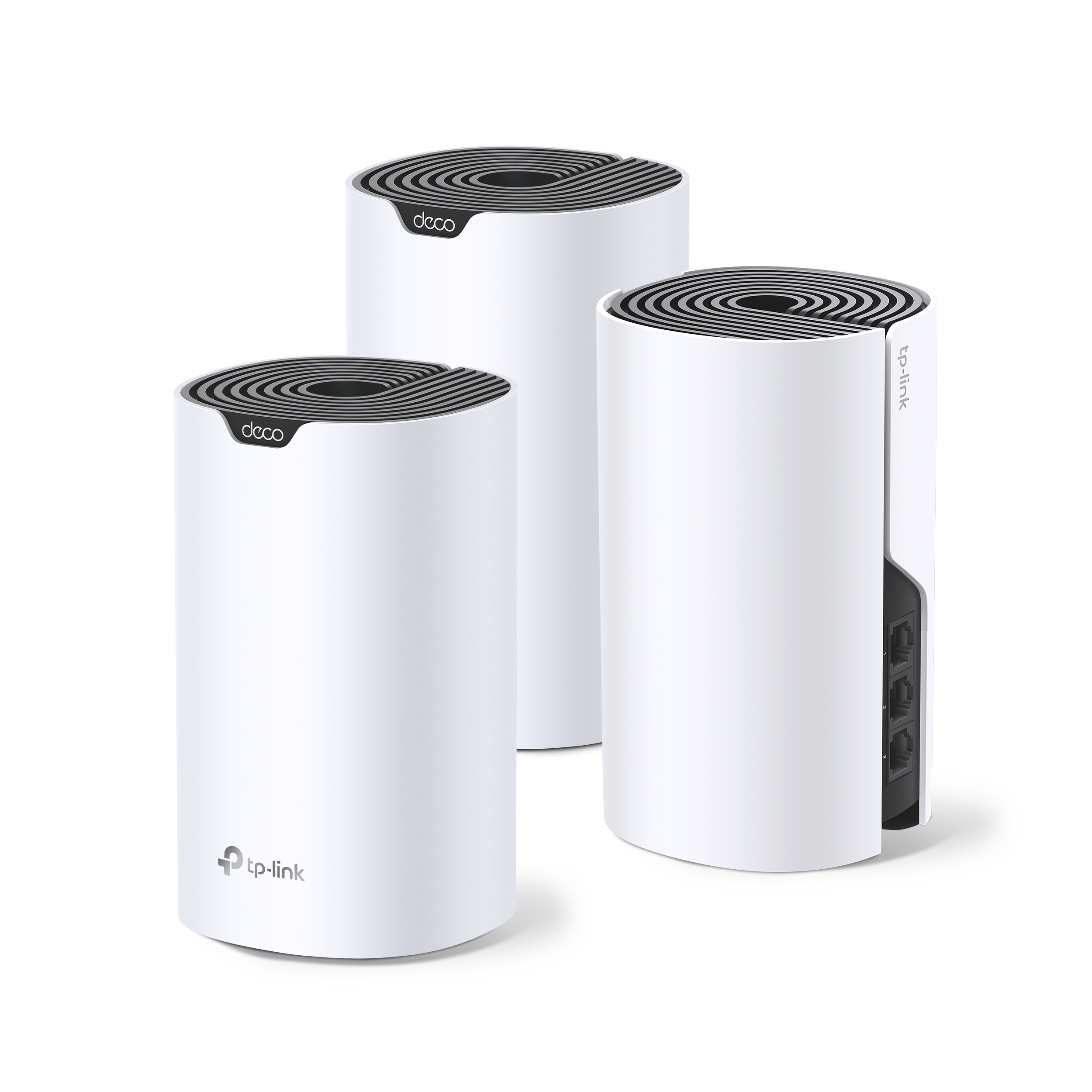 Tres dispositivos wifi de malla tp-link deco blancos sobre fondo blanco.