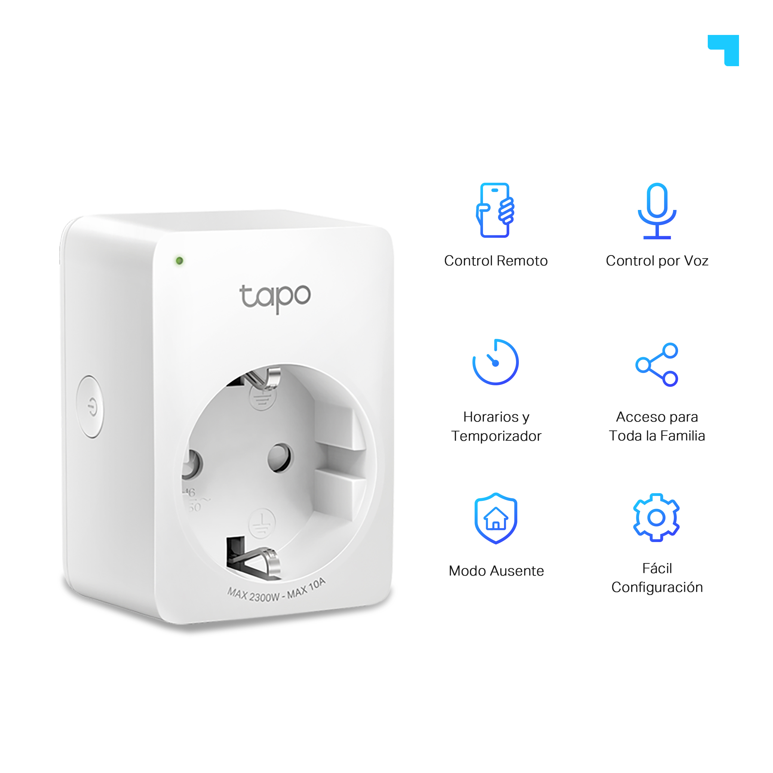 Un enchufe inteligente blanco con iconos para control remoto, control por voz y temporizador.