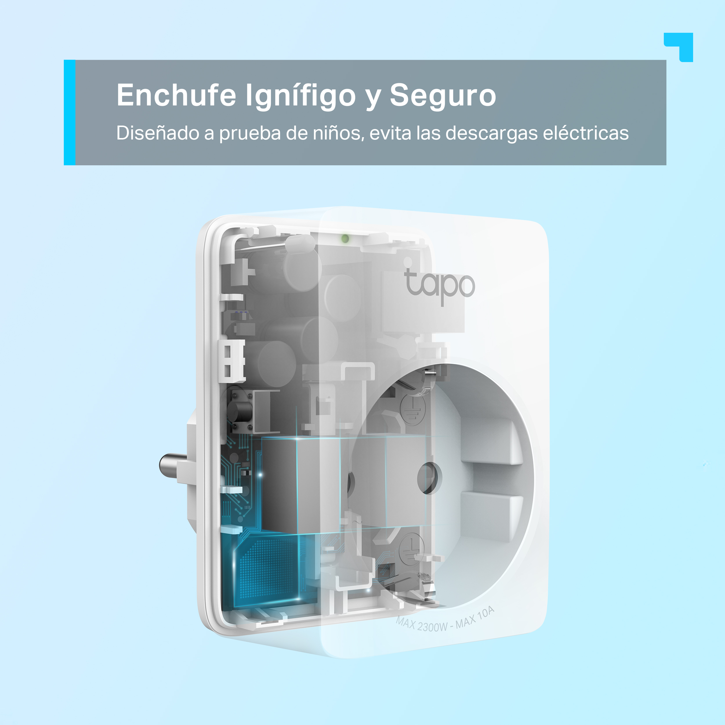 Enchufe inteligente blanco, parcialmente transparente, que muestra los componentes internos. Texto: Enchufe ignífugo y seguro.