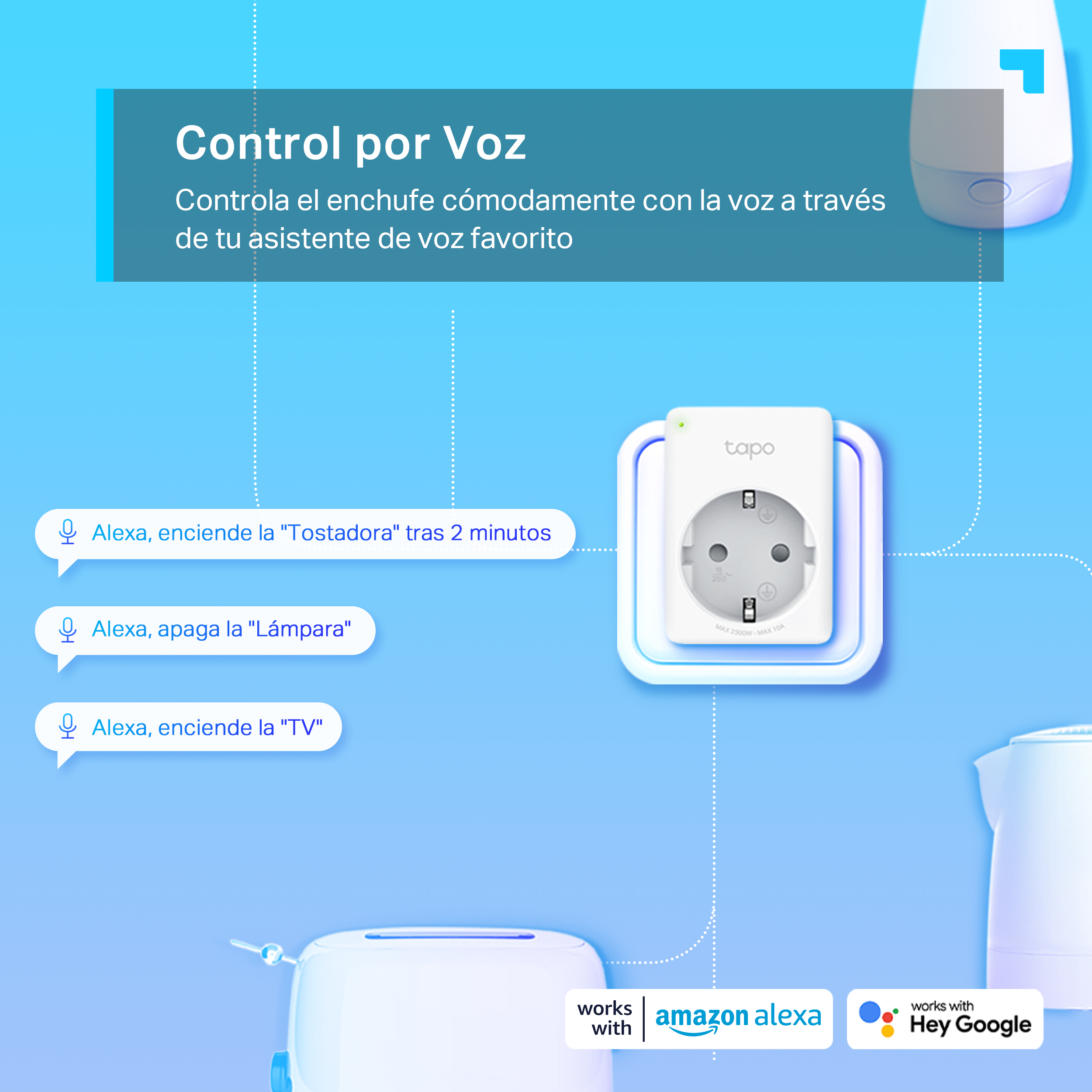 Ilustración de enchufe inteligente con indicaciones de control por voz, icono de hogar inteligente e iconos de Alexa y Google.