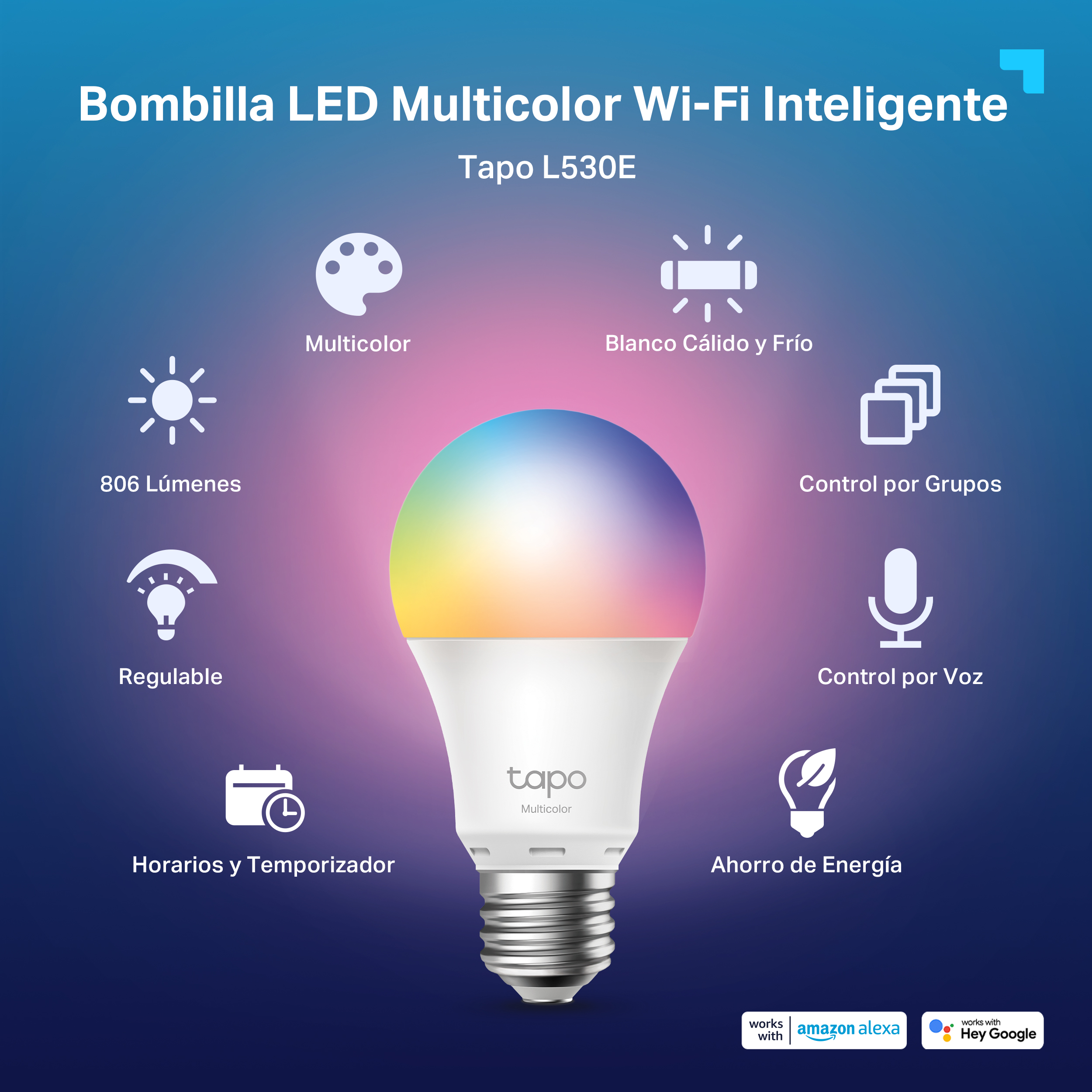 Bombilla inteligente con colores arcoíris y control por voz.