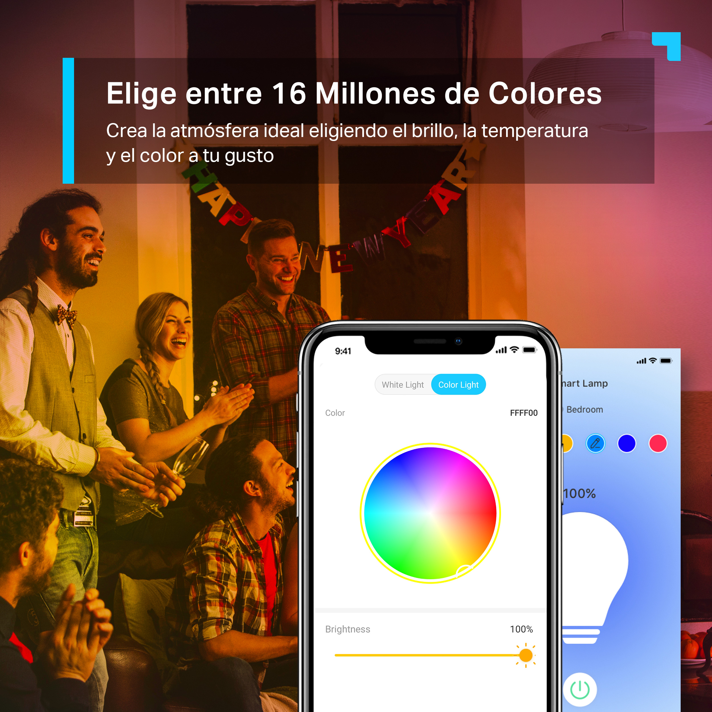 Gente celebrando, usando un smartphone con interfaz de rueda de color, bajo el texto '16 Millones de Colores'.
