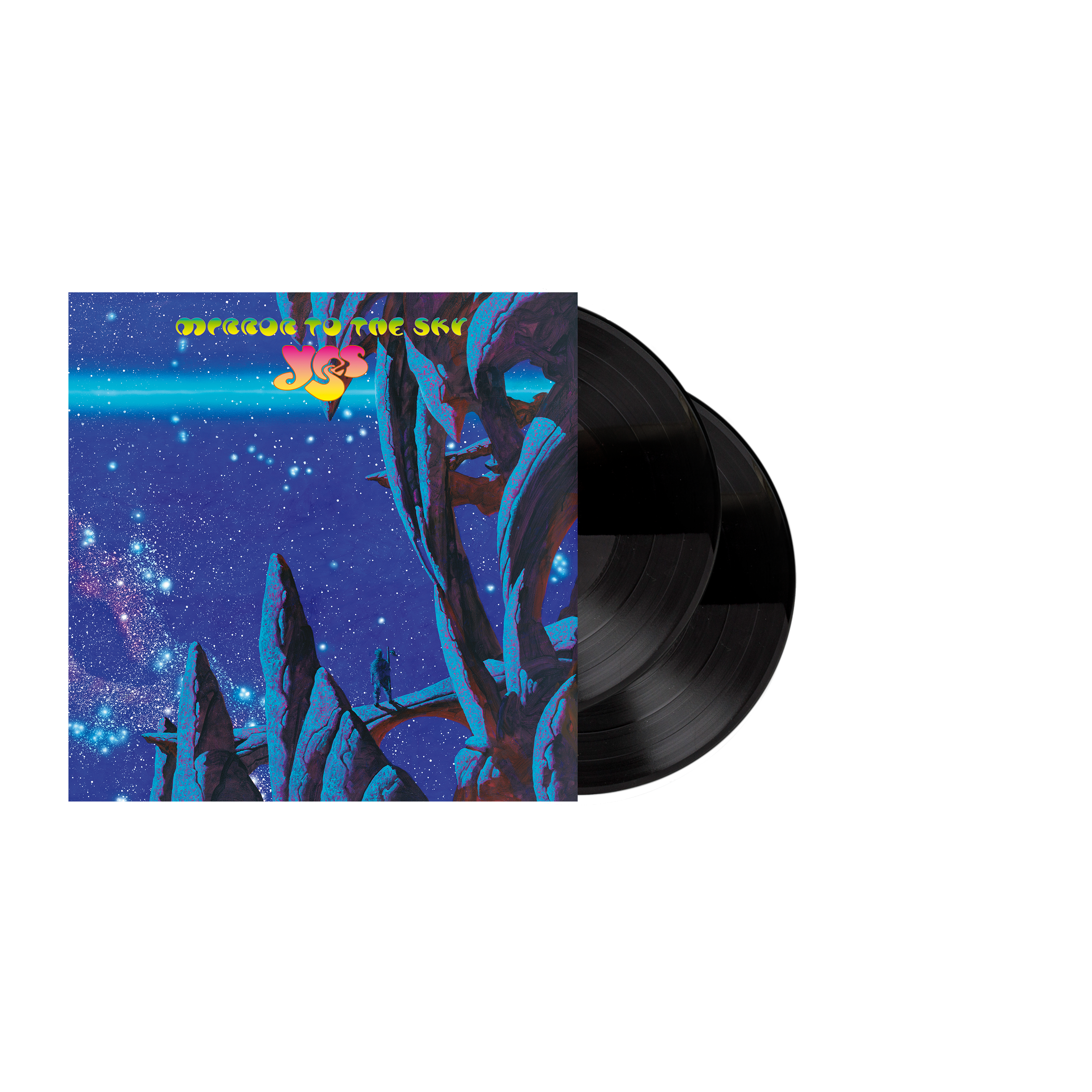 Albumcover von 'Close to the Sky' von Yes, mit zwei schwarzen Vinylplatten rechts.