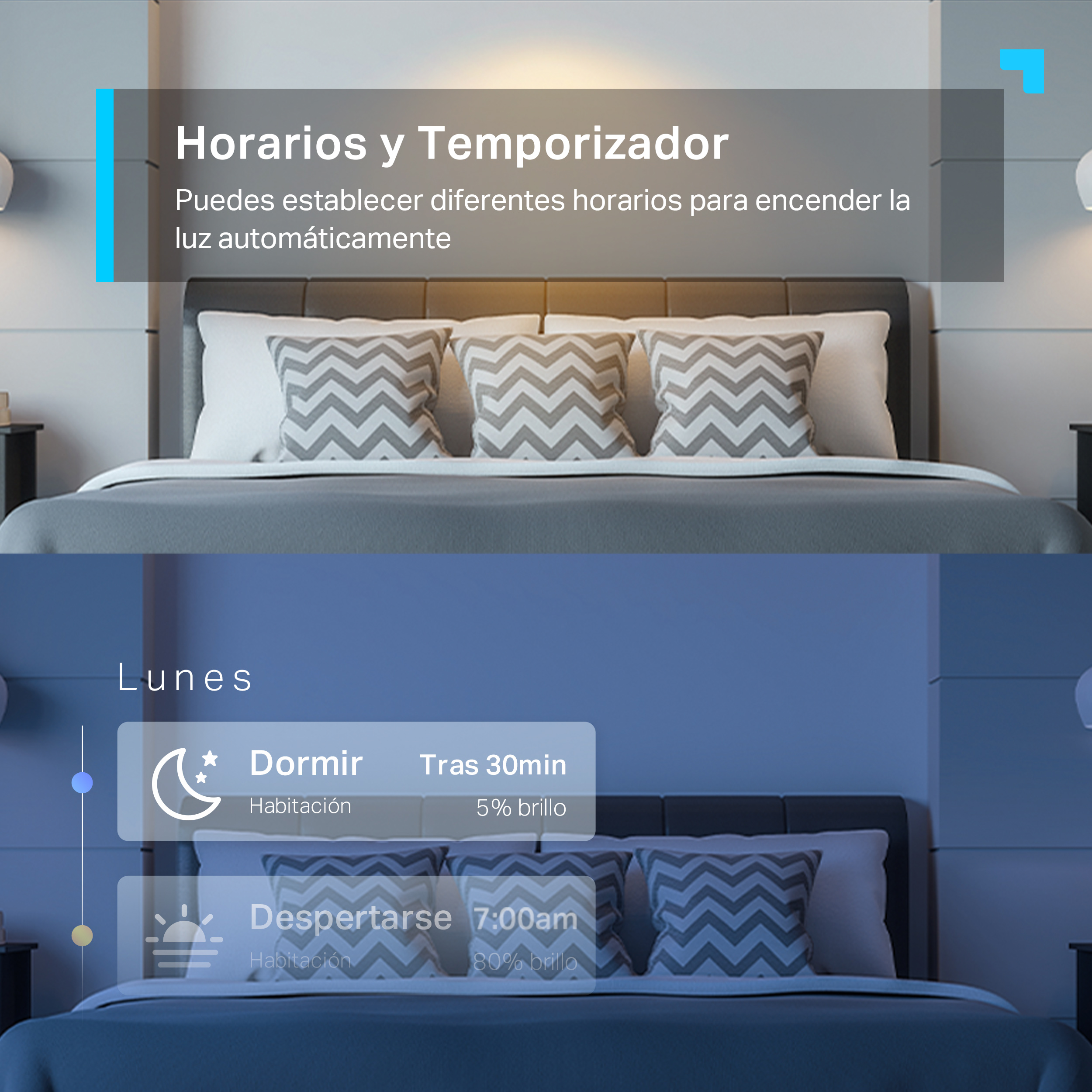 Una escena de dormitorio con superposición de texto, que muestra una configuración de hogar inteligente con control de iluminación.