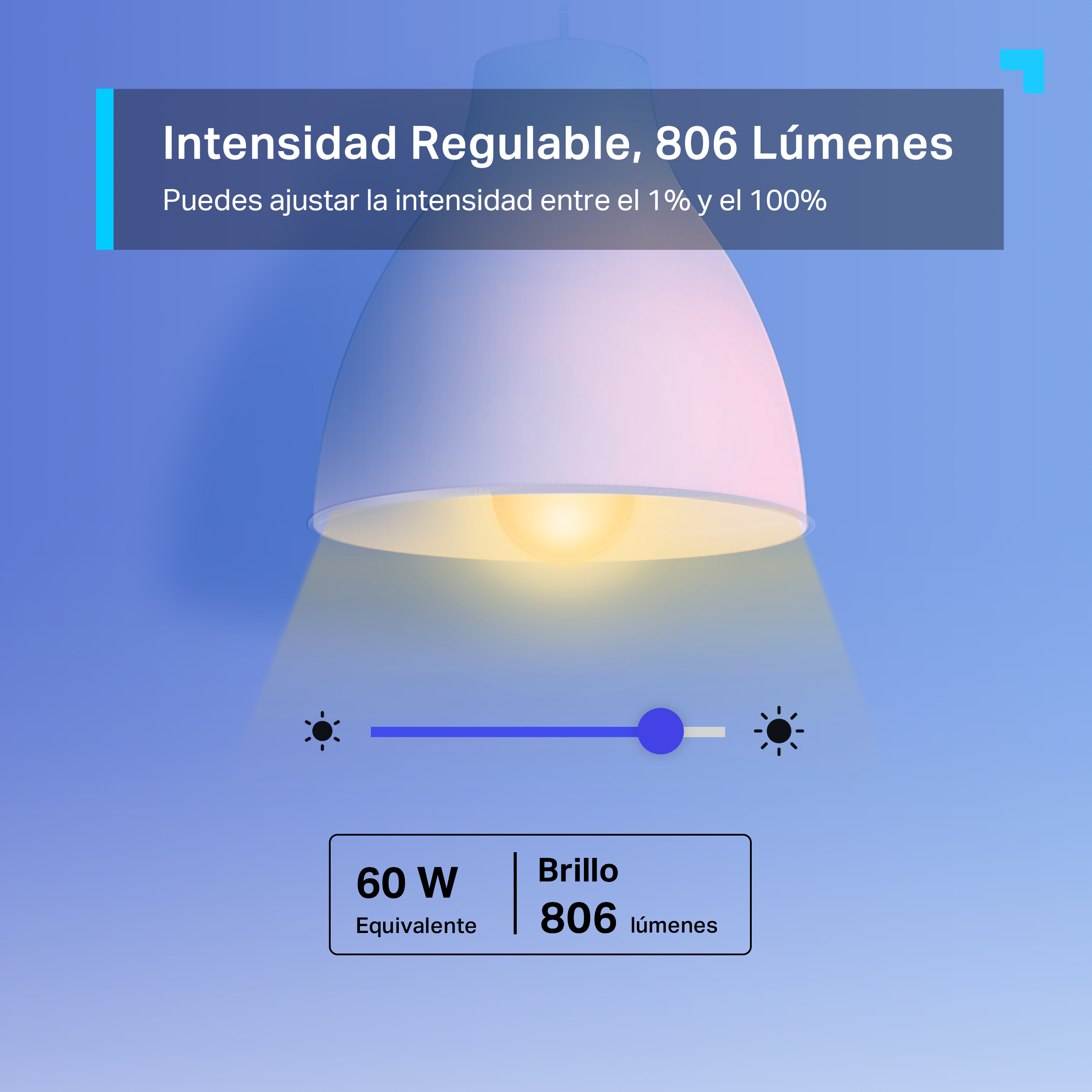 Una lámpara colgante que emite luz. Debajo de la lámpara hay un control deslizante de atenuación y un cuadro de texto.