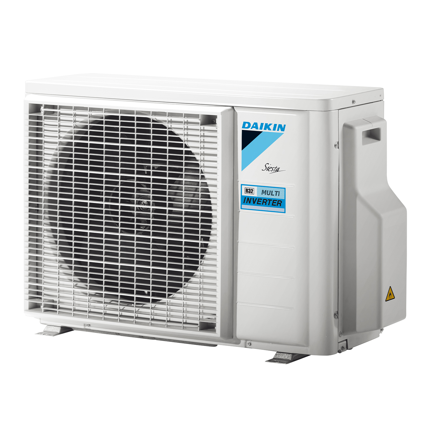 Un'unità di condizionamento Daikin esterna bianca con ventola e la scritta 'MULTI INVERTER'.