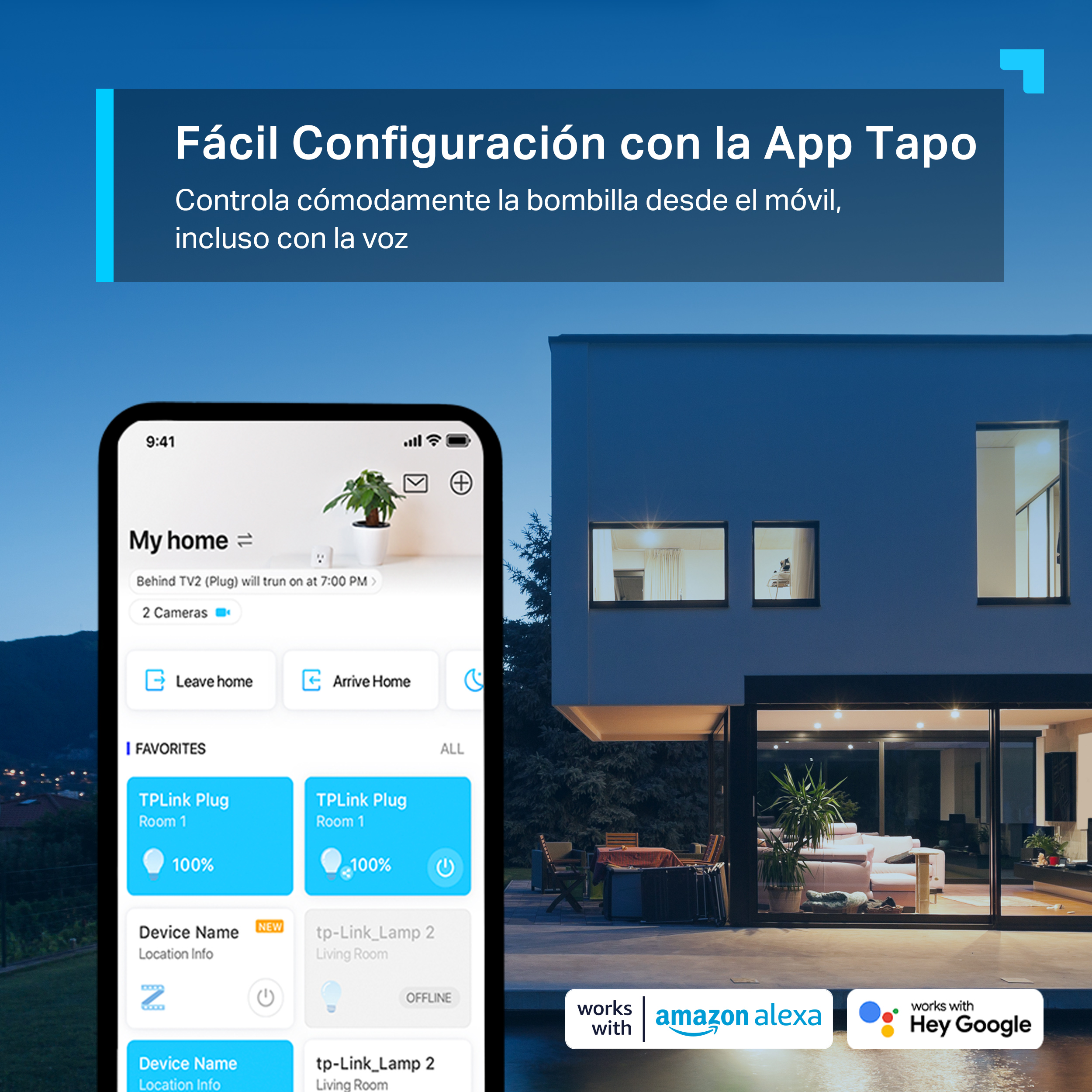 Un teléfono muestra una aplicación de hogar inteligente, con una casa en el fondo. Dice 'Fácil Configuración'.