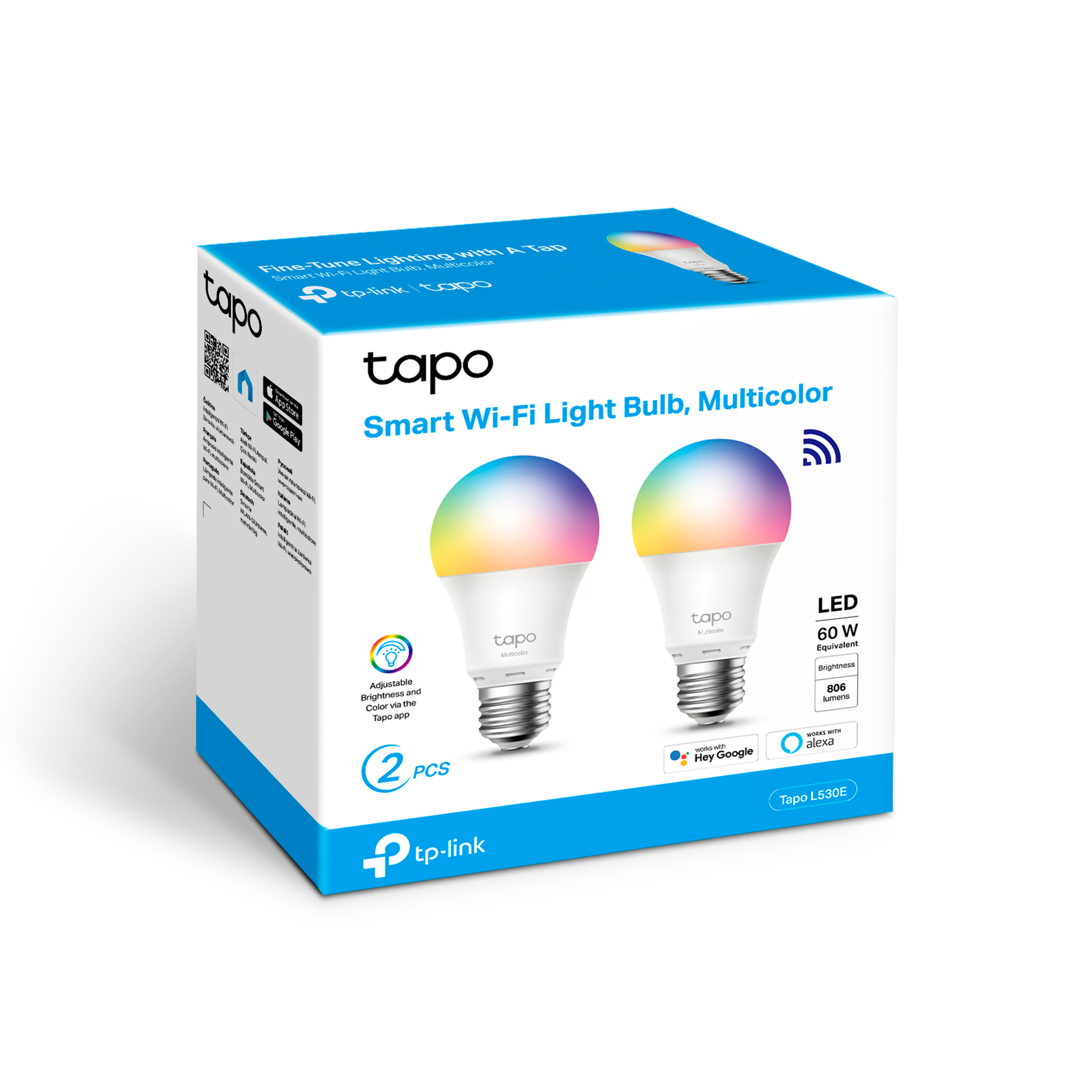 Una caja blanca con dos bombillas inteligentes Wi-Fi, con iluminación multicolor.