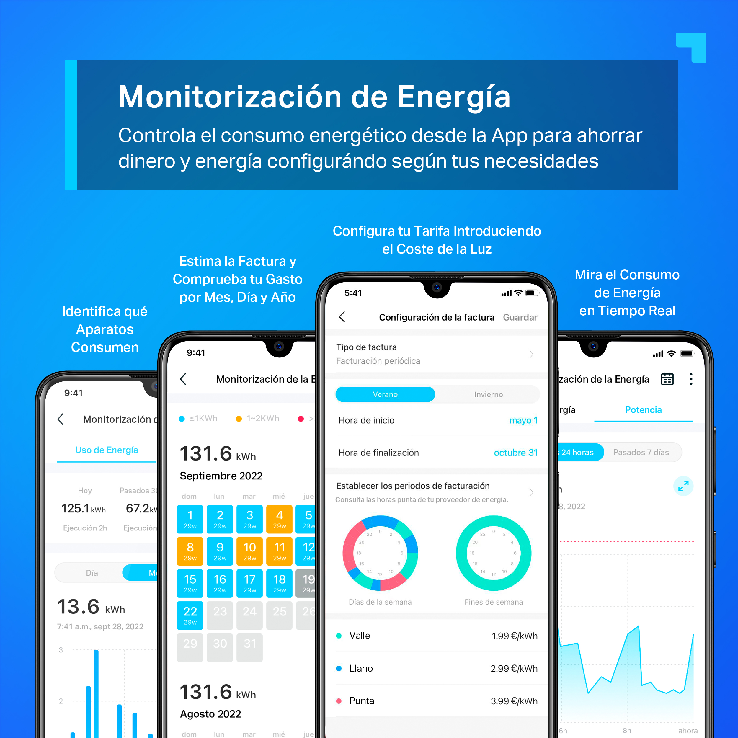 Capturas de pantalla de una interfaz de aplicación móvil que muestra el uso de energía, la estimación de costos y datos de consumo en tiempo real.