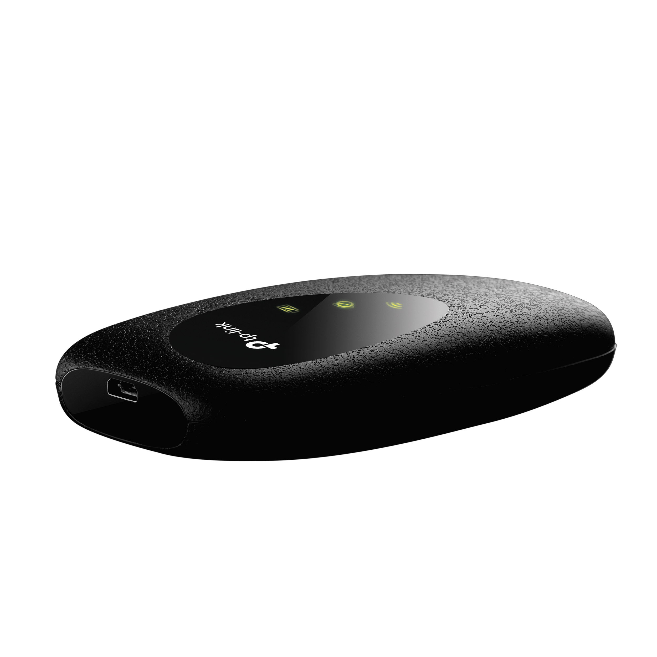 Enrutador Wi-Fi móvil TP-Link negro con indicadores de alimentación y conexión.