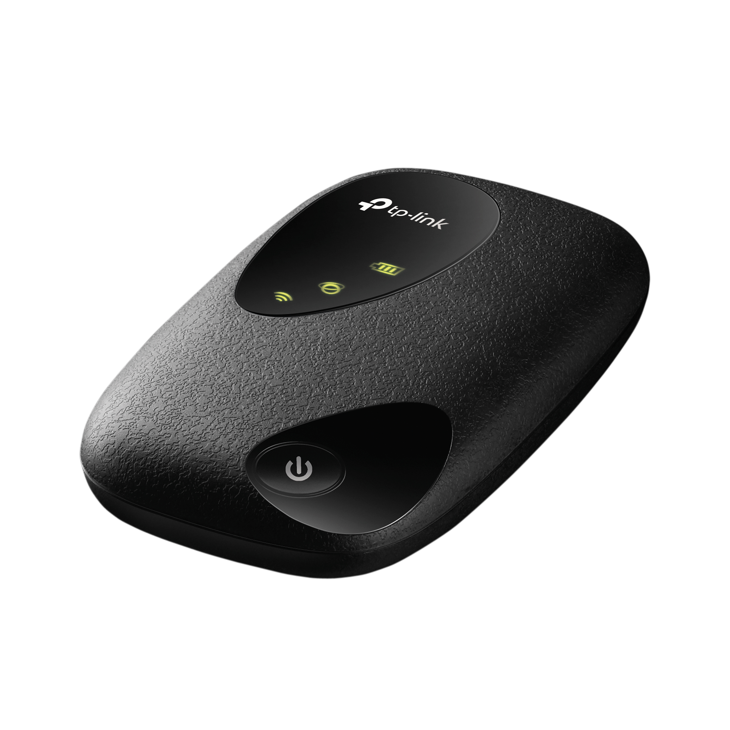 Router portátil TP-Link negro con botón de encendido y luces de estado en la parte superior.