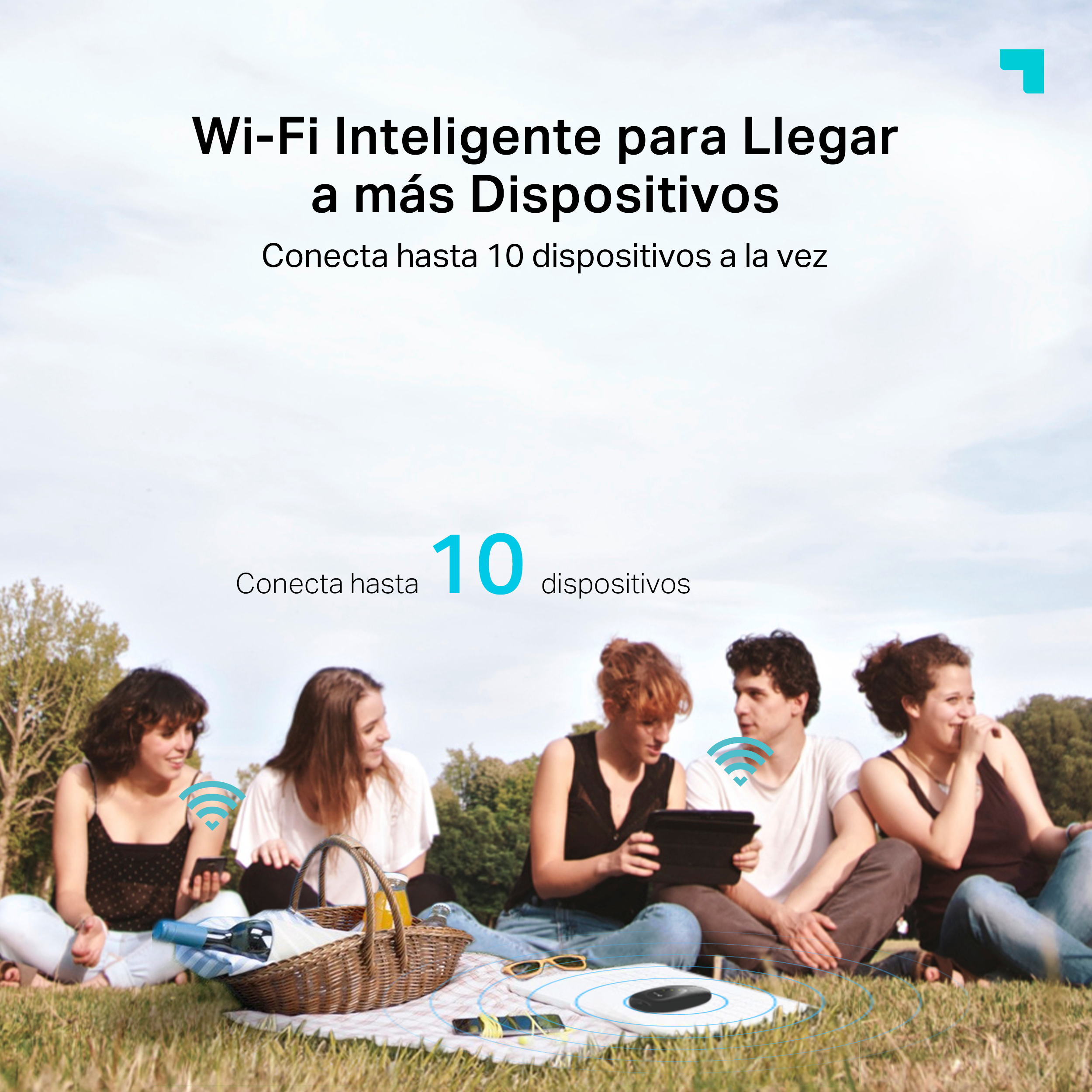 Personas sentadas en la hierba usan dispositivos con iconos Wi-Fi. Texto: 'Conecta hasta 10 dispositivos a la vez'.