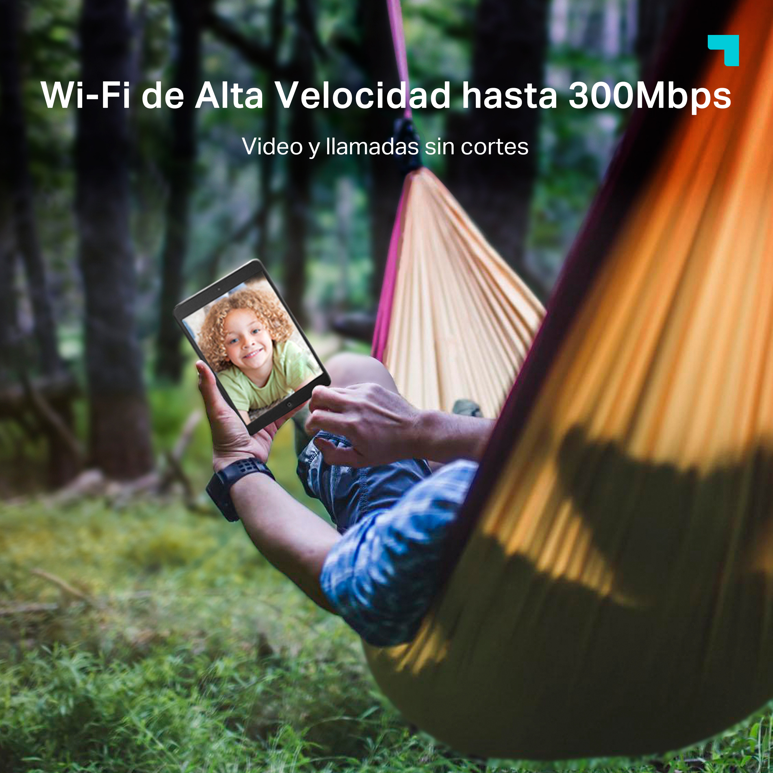 Persona en hamaca usando una tableta. Texto: 'Wi-Fi de Alta Velocidad hasta 300Mbps'.