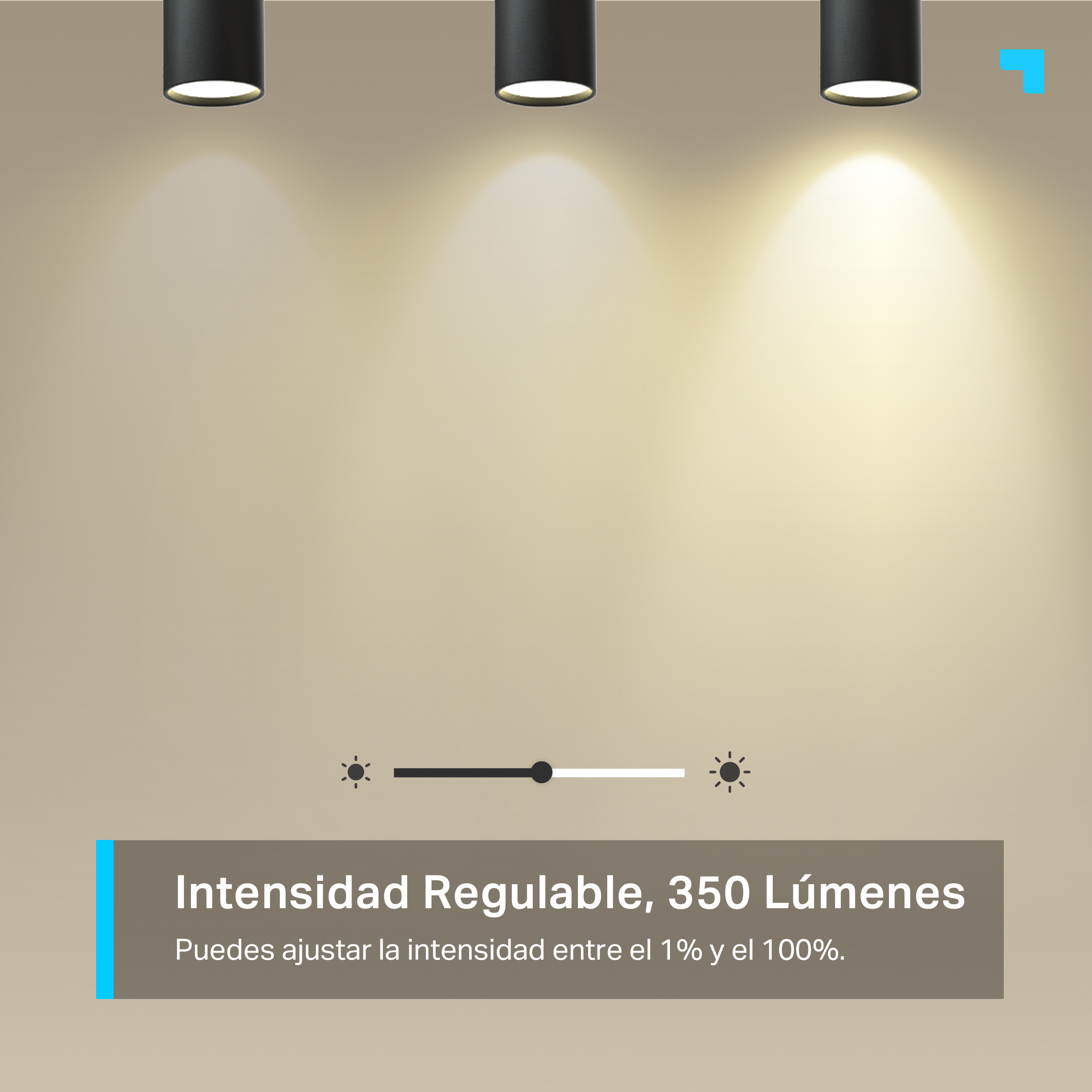 Tres focos iluminando una pared, con un control deslizante de intensidad.
