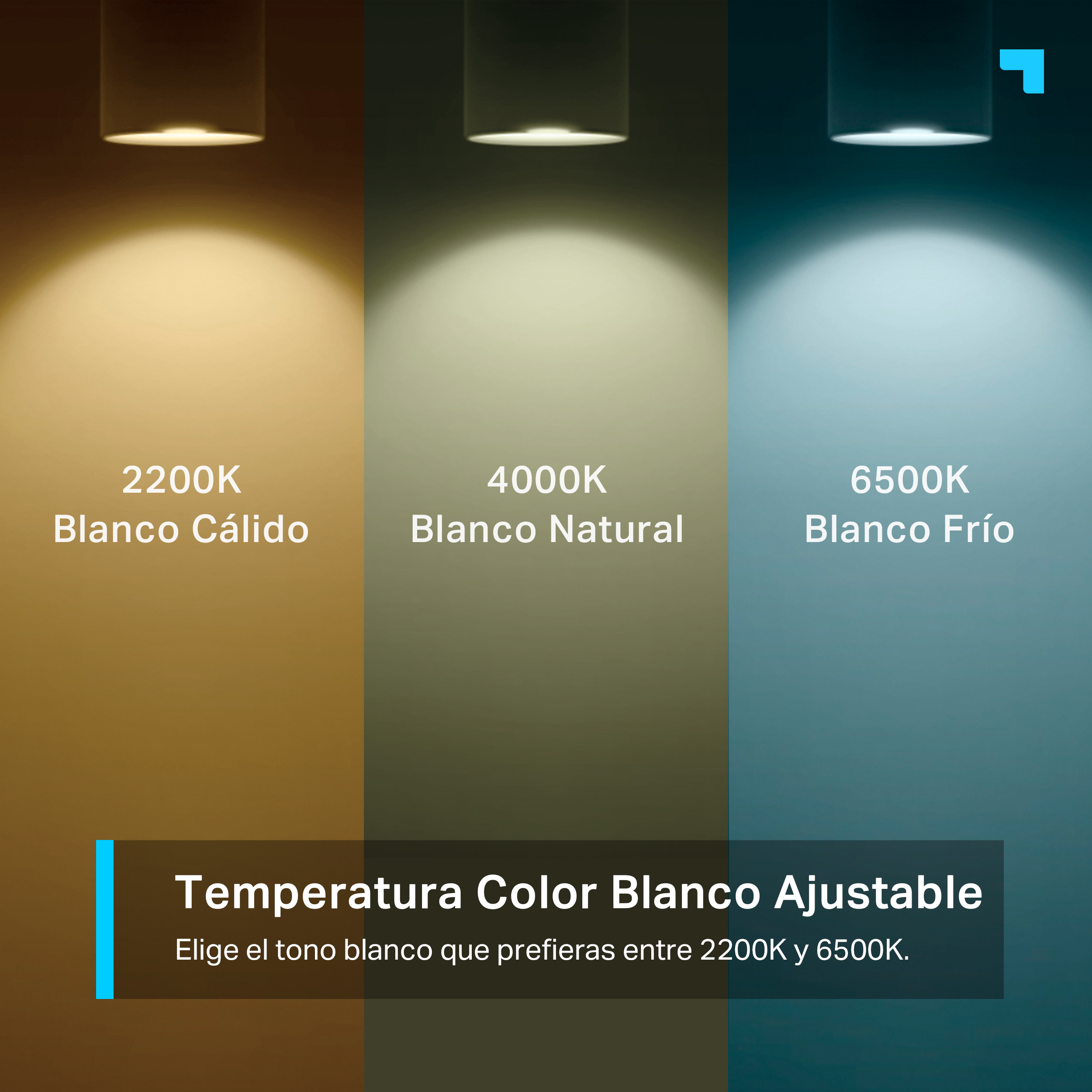 Tres haces de luz, con diferentes temperaturas de color etiquetadas: 2200K, 4000K y 6500K.
