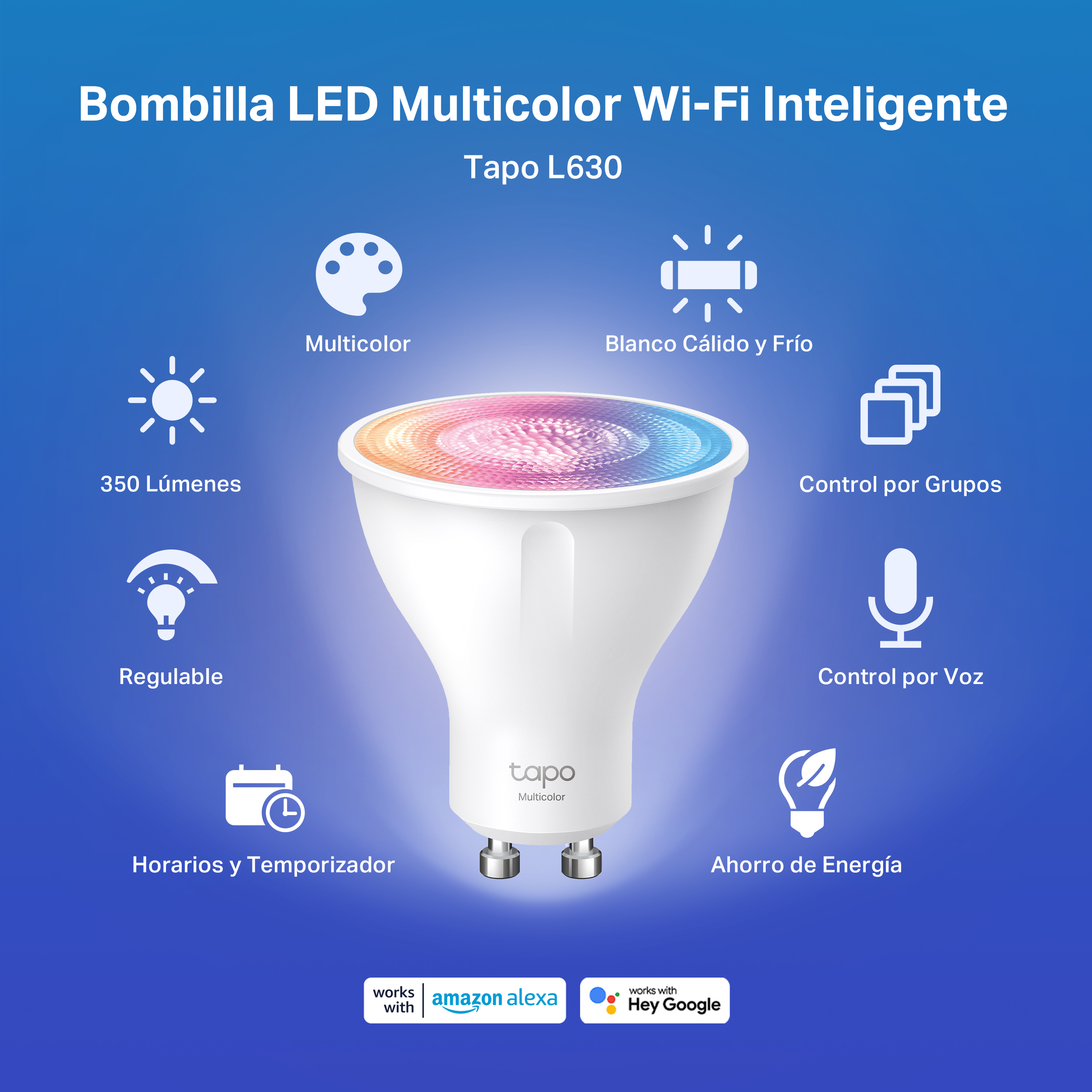 Una bombilla LED inteligente con funciones como Wi-Fi, multicolor, control por voz.