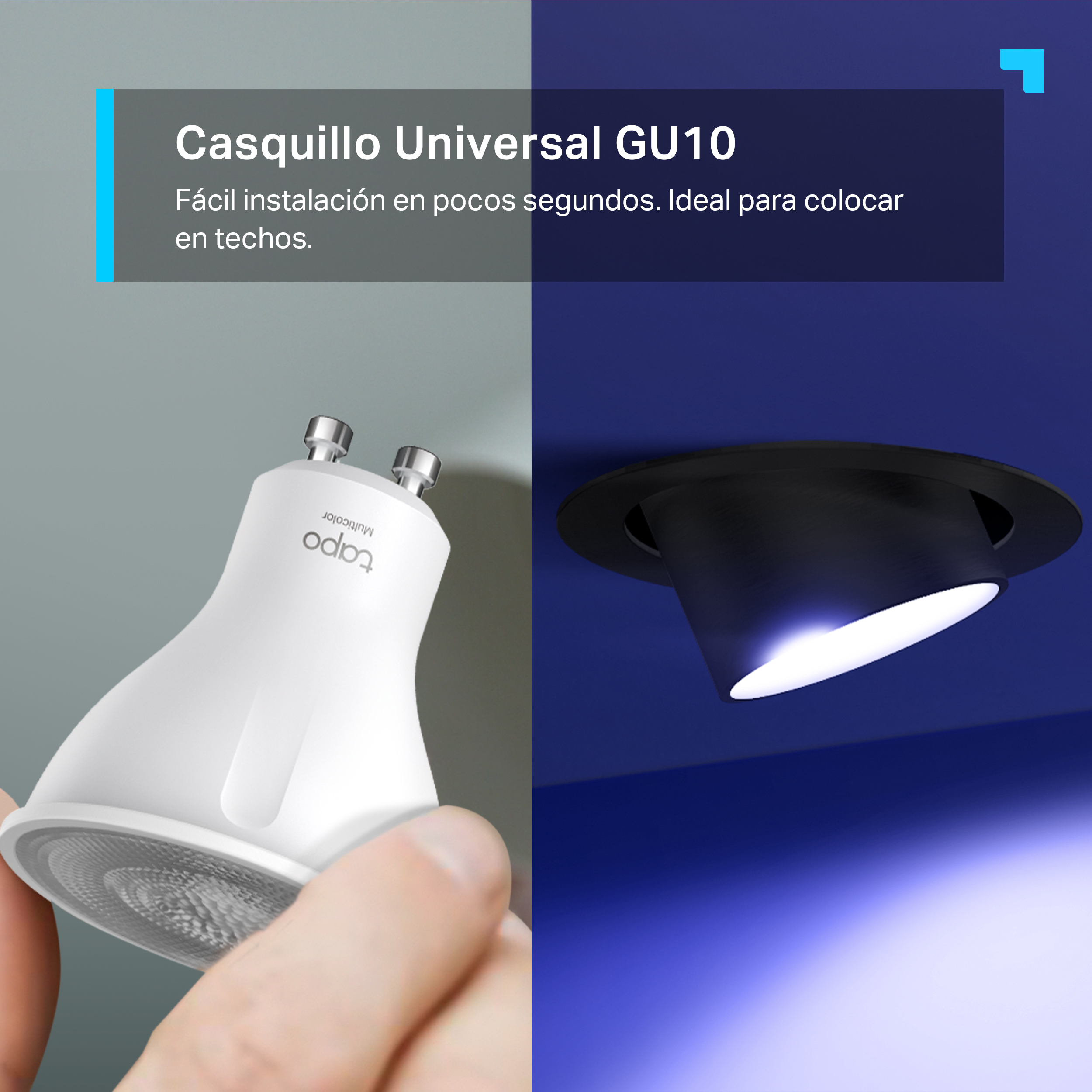 Una mano sosteniendo una bombilla blanca frente a una lámpara de techo azul.