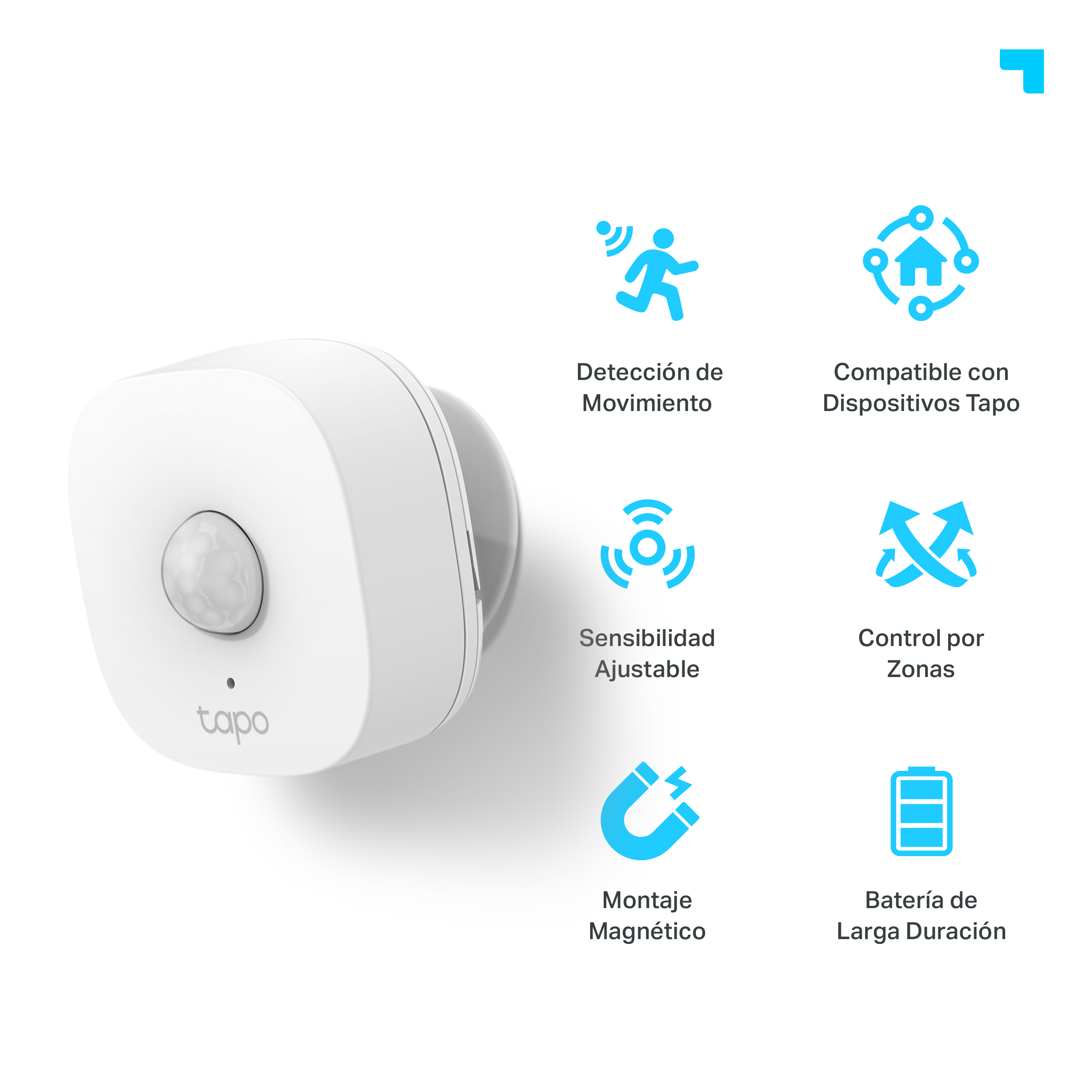 Sensor de movimiento Tapo blanco con iconos de detección de movimiento, compatibilidad Tapo, sensibilidad ajustable.