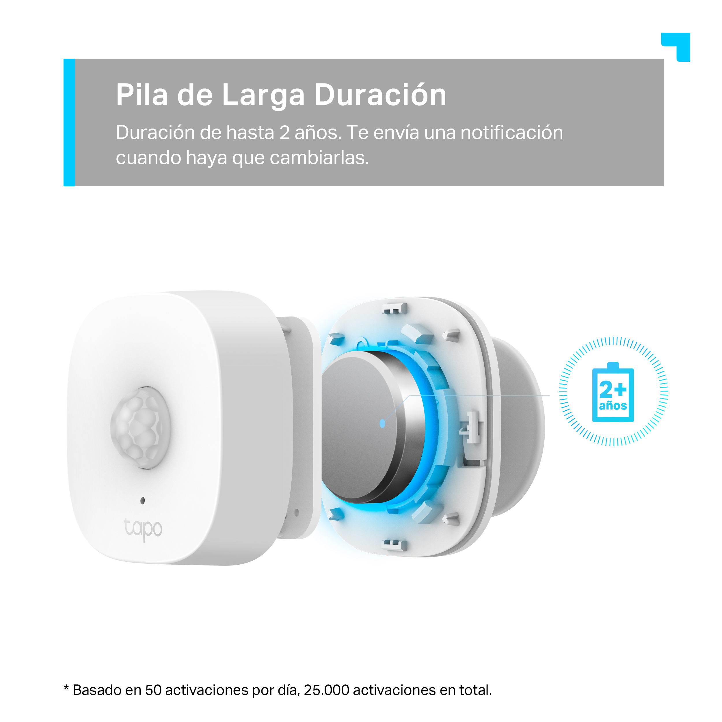 Un dispositivo blanco con una batería grande, con texto que describe una larga duración de la batería.