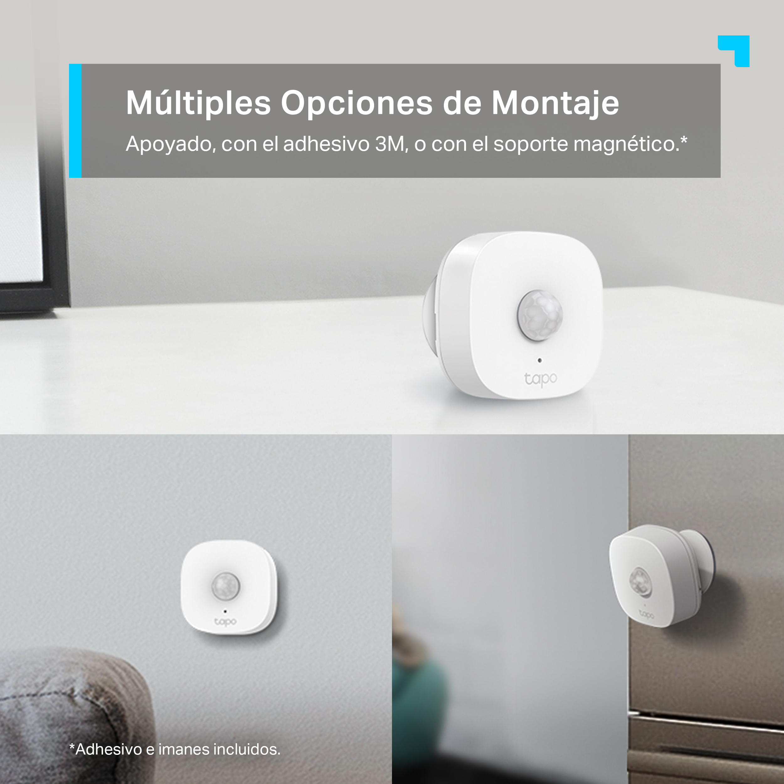 Un sensor Tapo blanco sobre una superficie blanca. Se puede montar con adhesivo o soporte magnético.