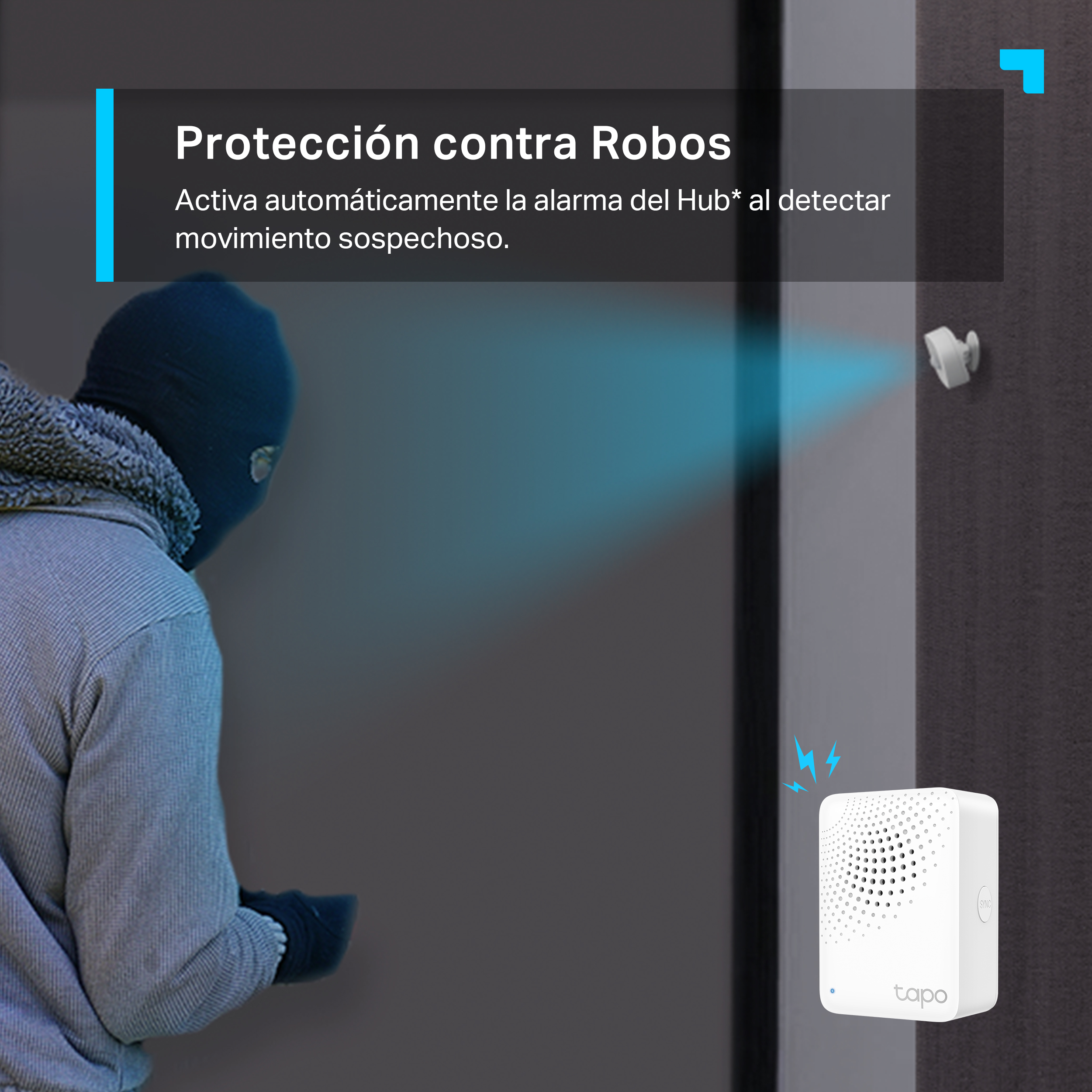Una persona con máscara con cámara de seguridad y alarma.
