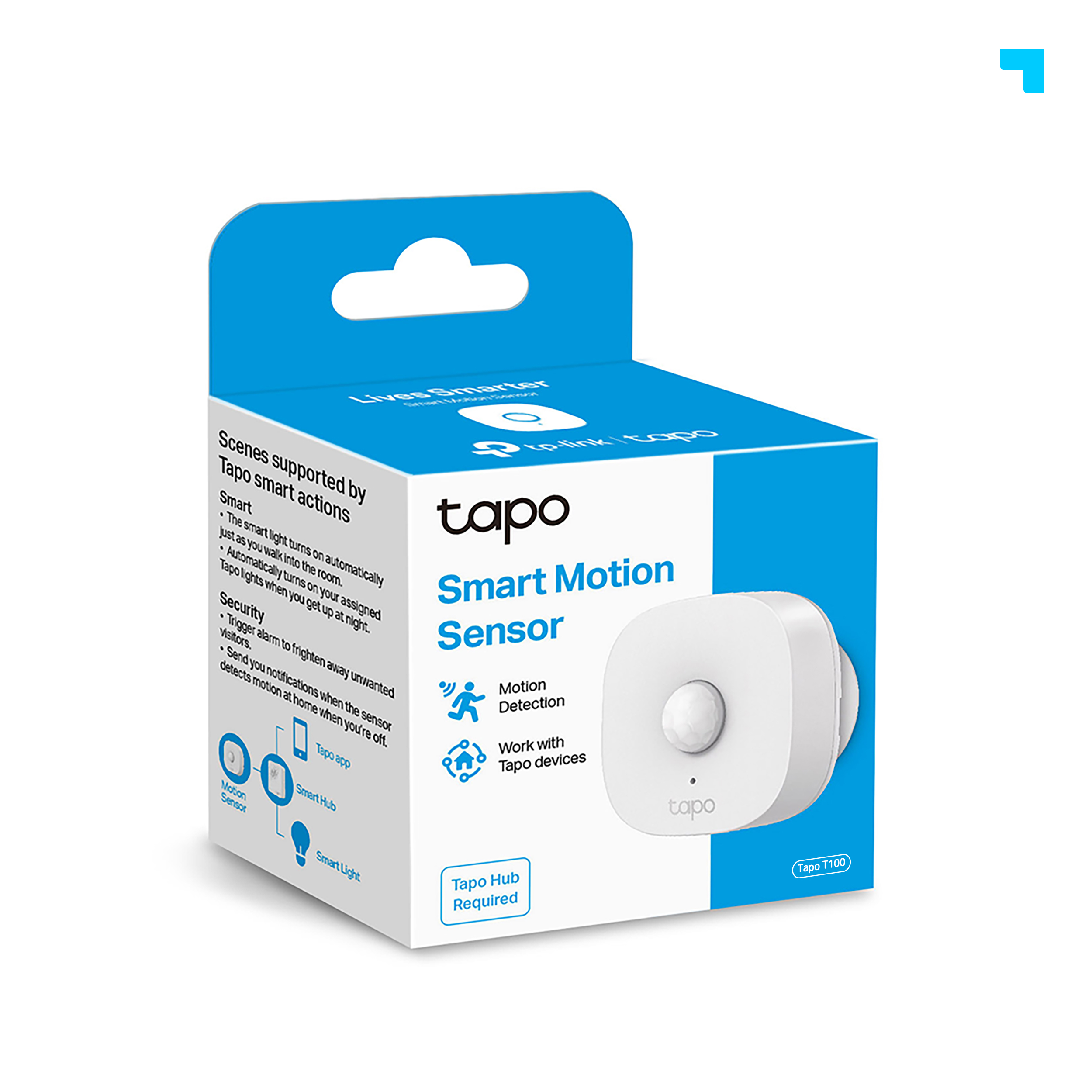 Una caja blanca del sensor de movimiento inteligente Tapo con detalles del producto y logotipo.