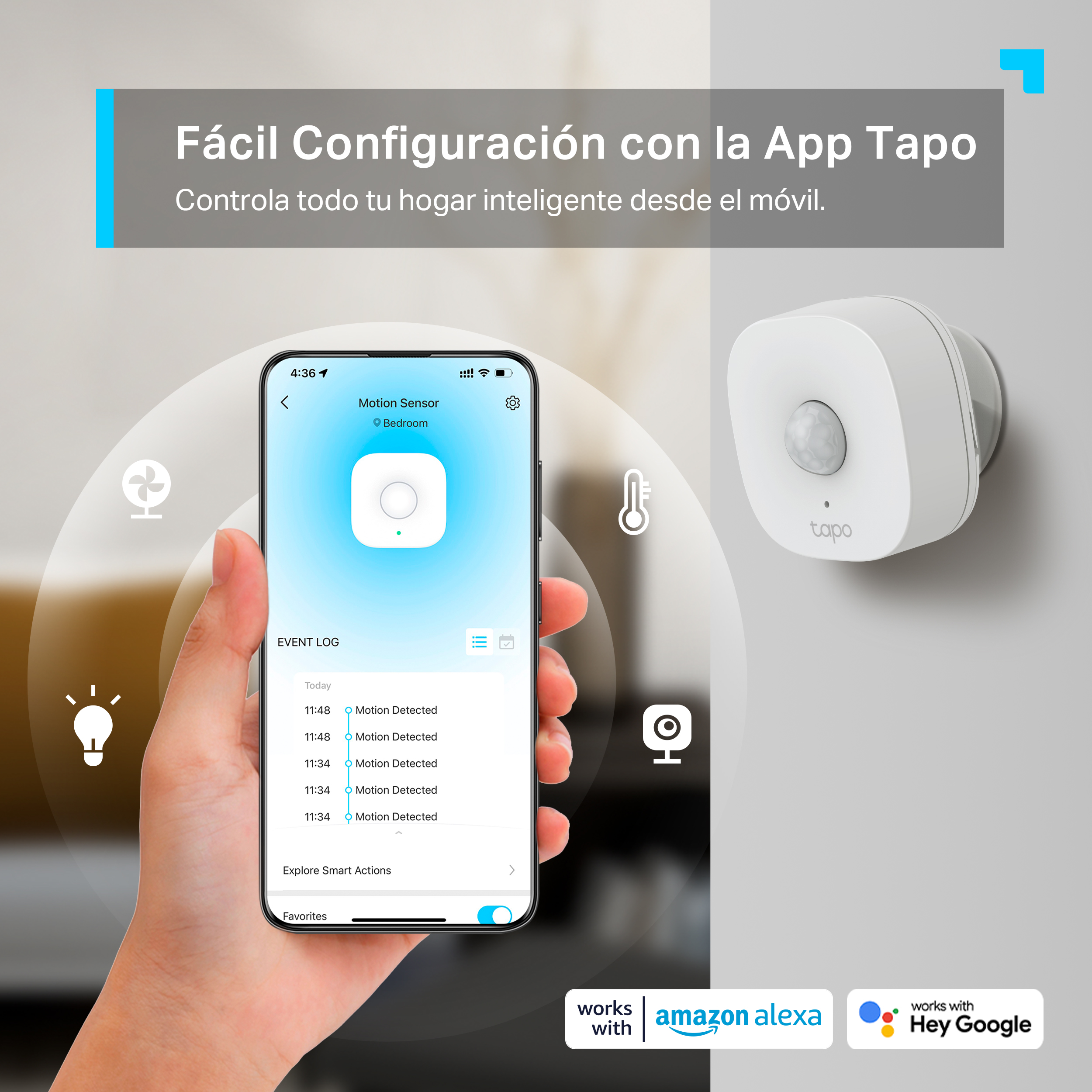 Una mano sostiene un teléfono que muestra una aplicación de hogar inteligente con una cámara de seguridad.