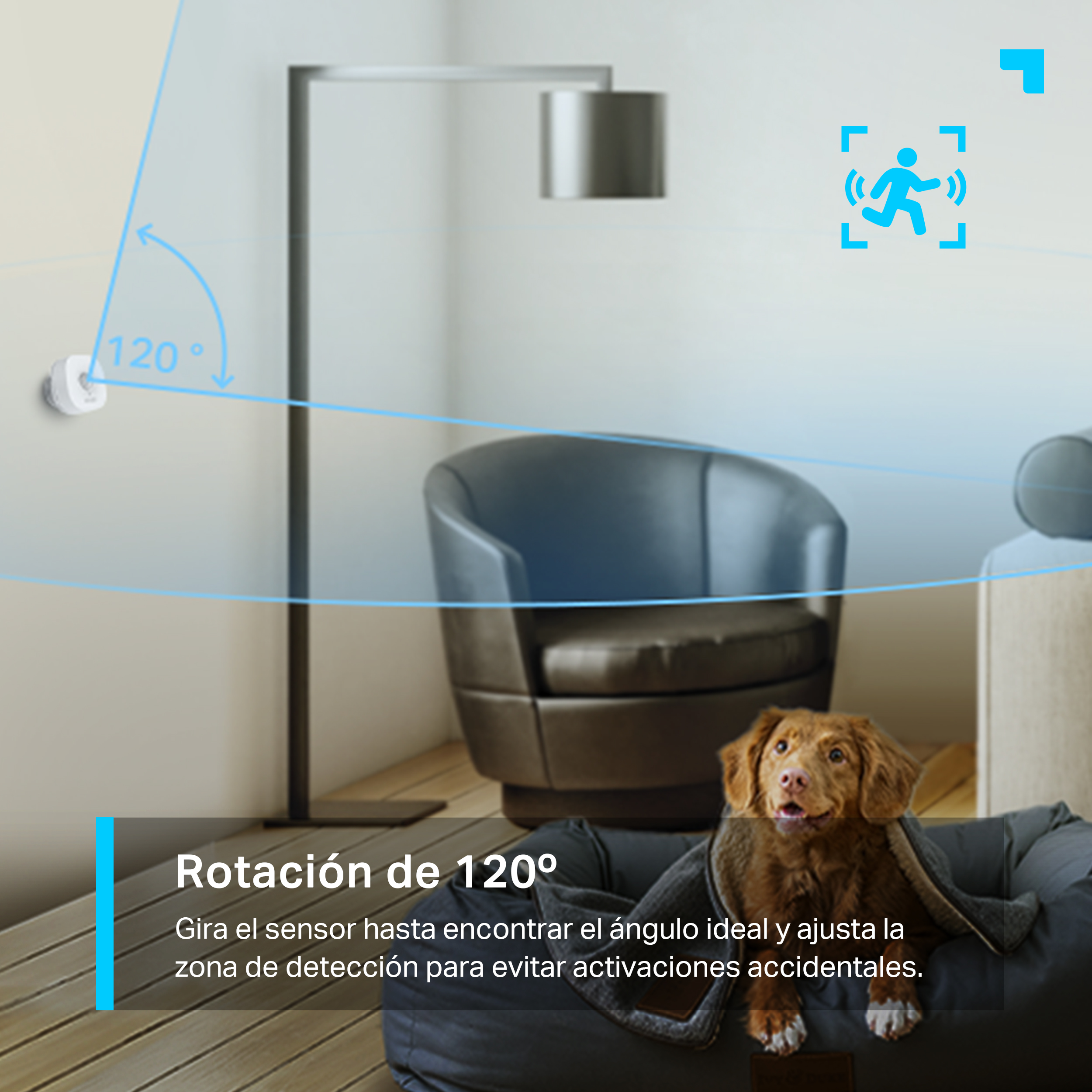 Una cámara para el hogar inteligente con un perro en el fondo. La cámara tiene un ángulo de rotación de 120 grados. Texto: Rotación de 120°.