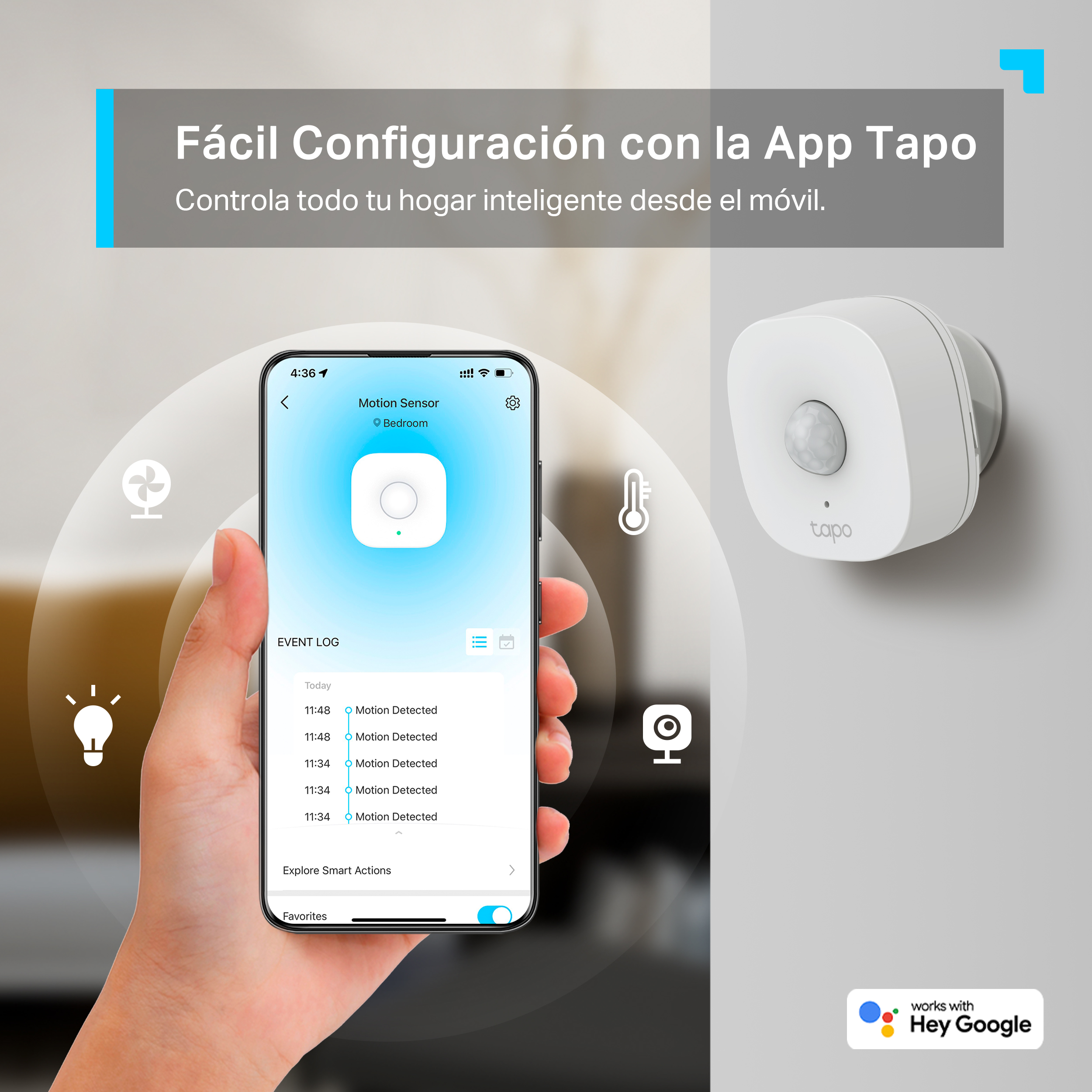 Una persona sosteniendo un teléfono inteligente con una interfaz de aplicación de hogar inteligente. Un dispositivo de hogar inteligente blanco es visible.