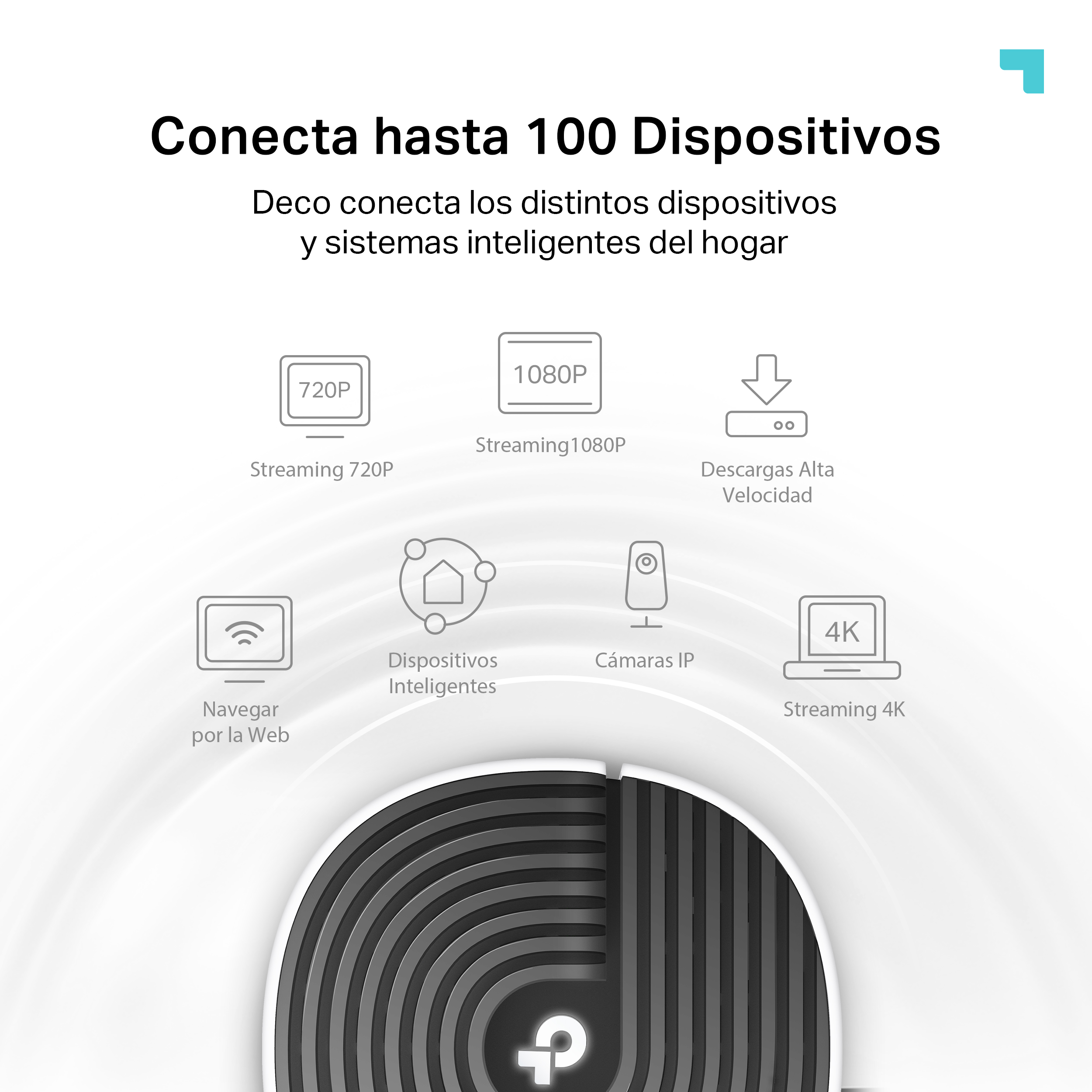 Una imagen que muestra cómo conectar hasta 100 dispositivos. Muestra iconos para streaming, navegación web, etc.