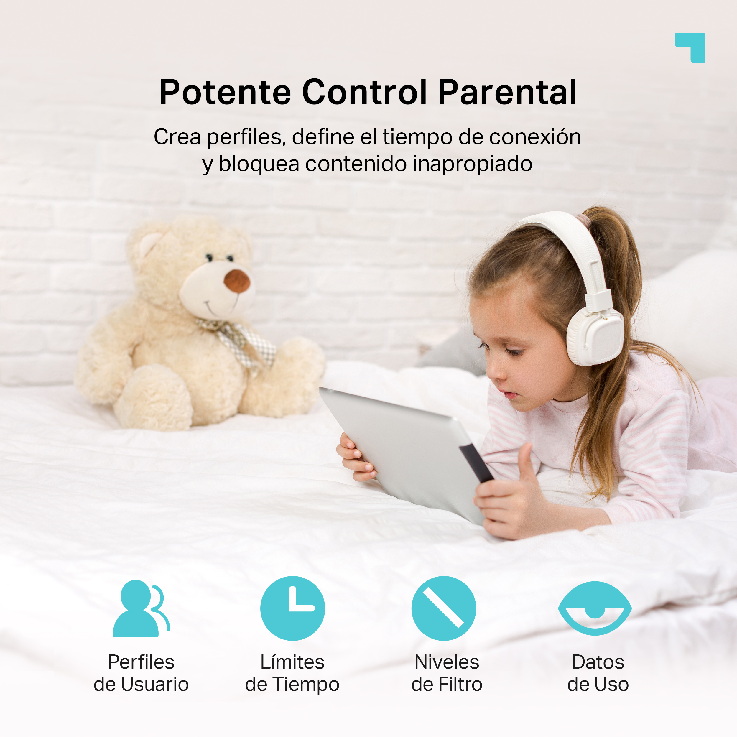 Una niña con auriculares usa una tableta mientras un oso de peluche descansa en la cama. Texto en español.