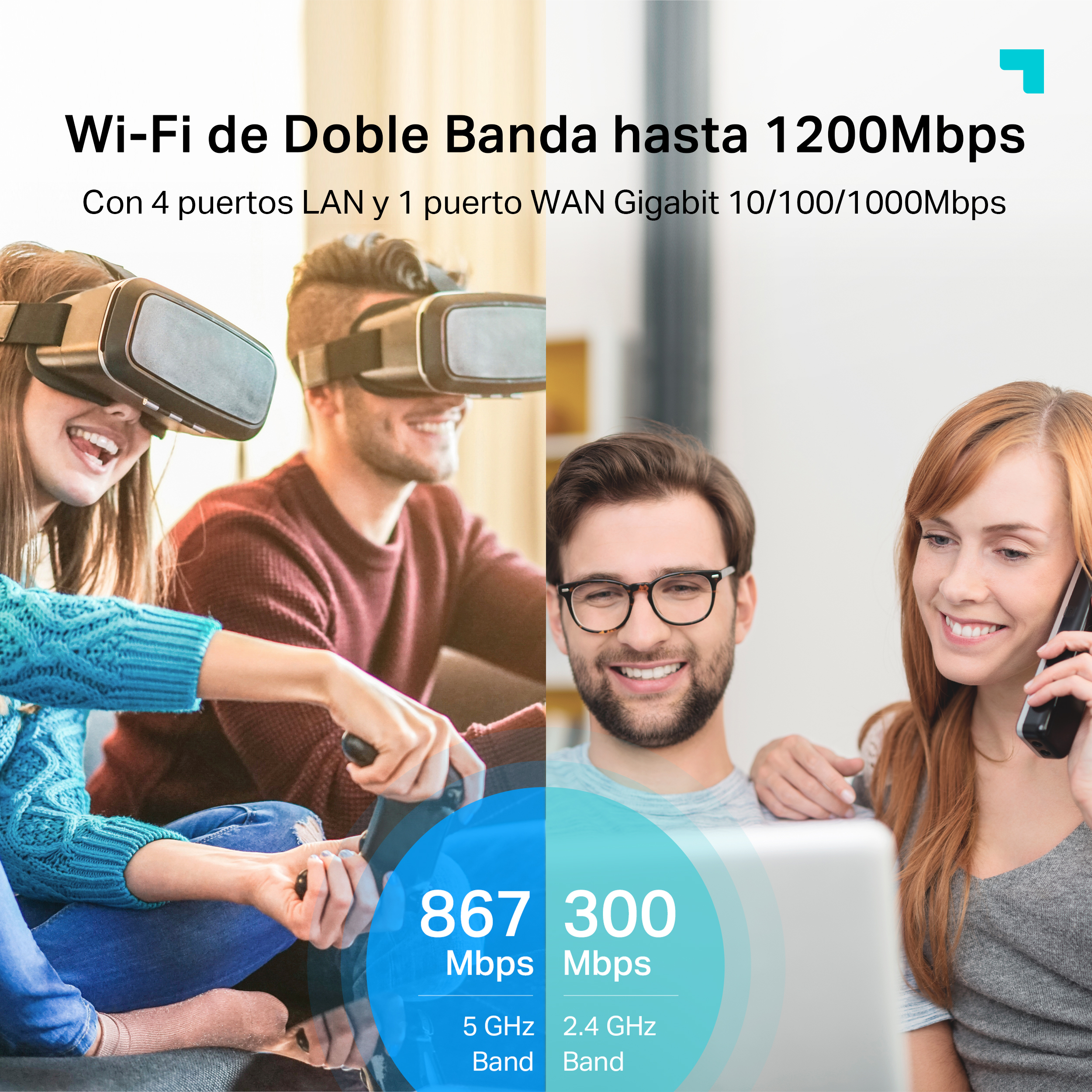 Dos personas usando auriculares VR y un hombre con gafas están sentados juntos. La imagen está dividida por la mitad.