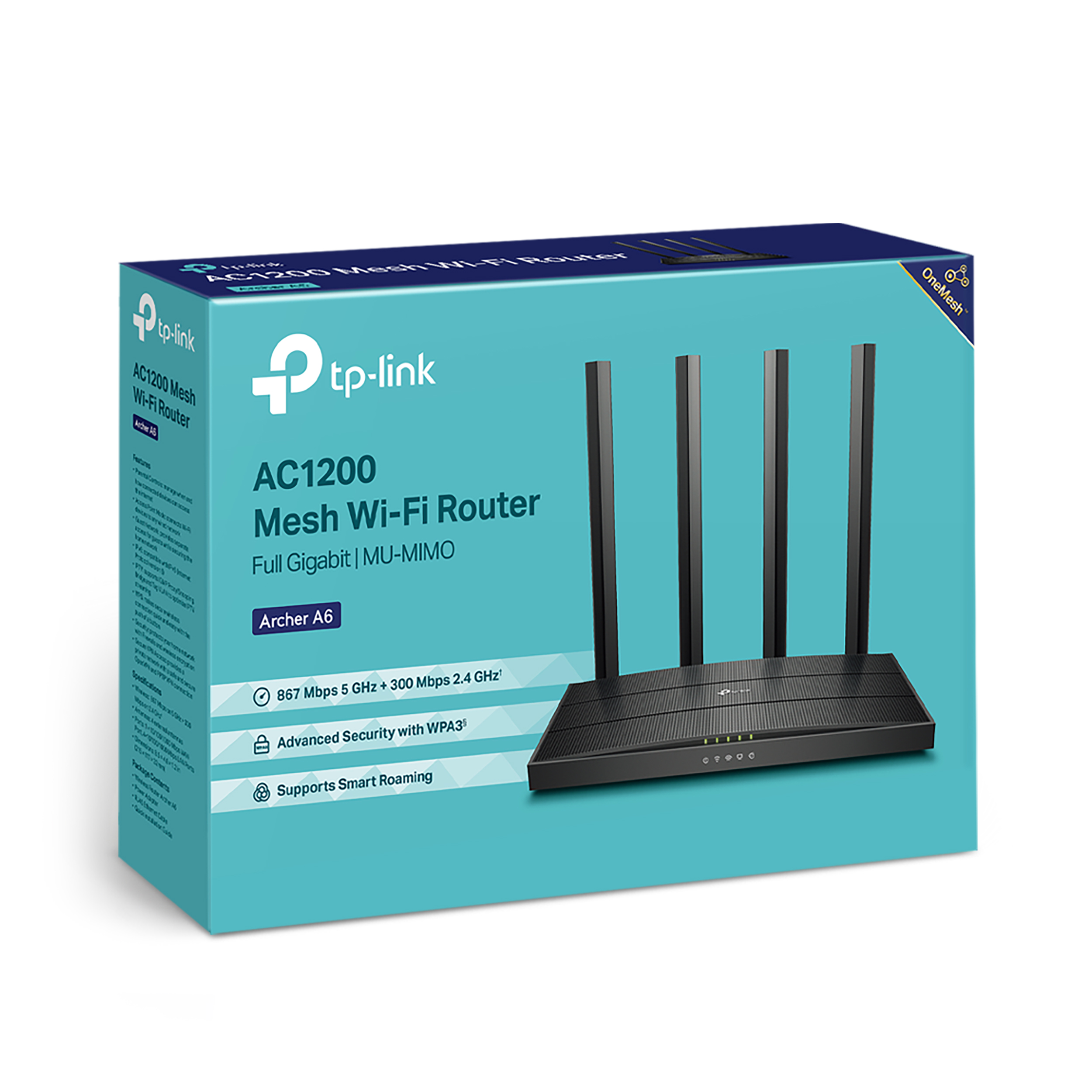 Una caja del router Wi-Fi Mesh TP-Link AC1200 muestra el router y sus características sobre un fondo azul.