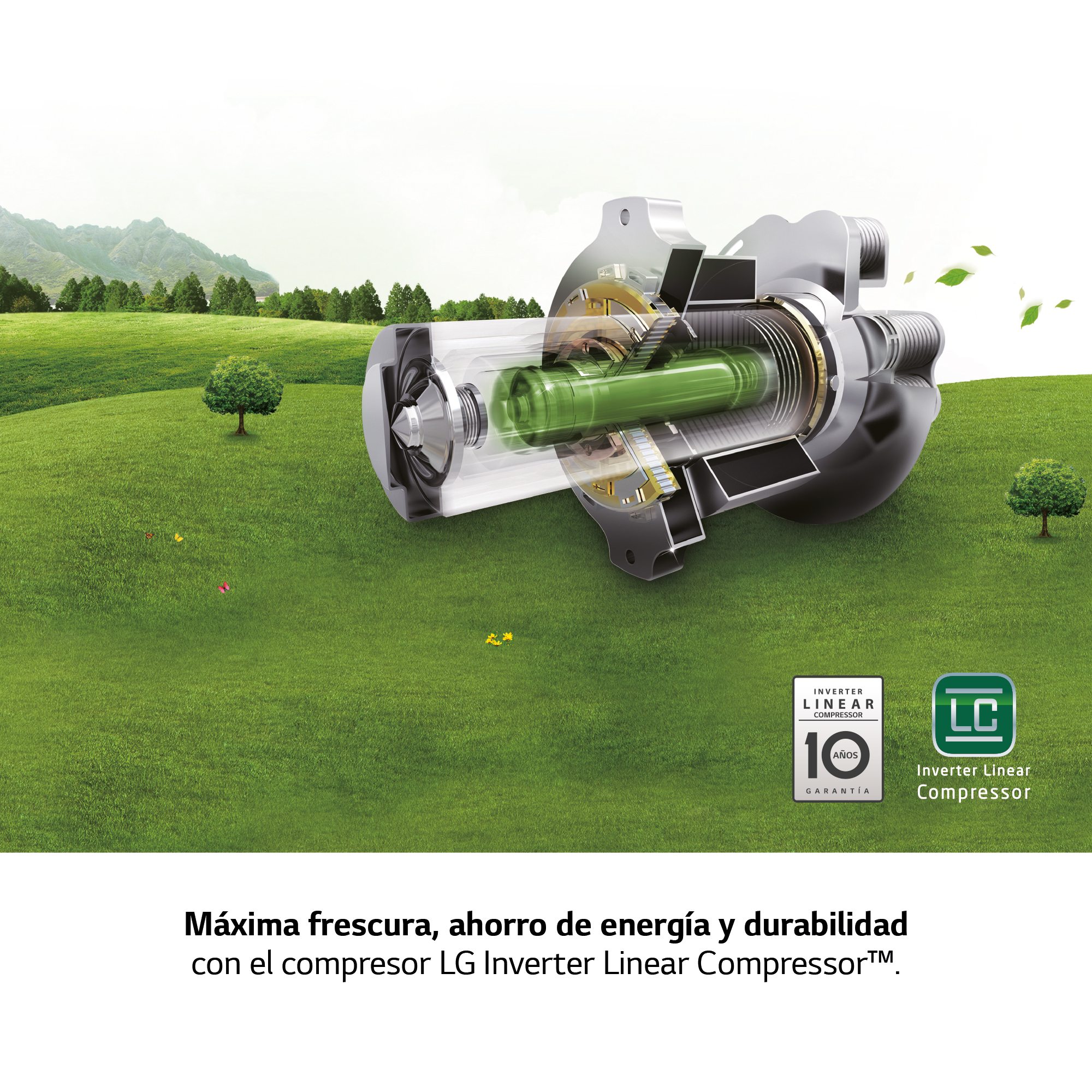 Vista seccionada de compresor de nevera. Cilindro verde, texto: Inverter Linear Compressor.
