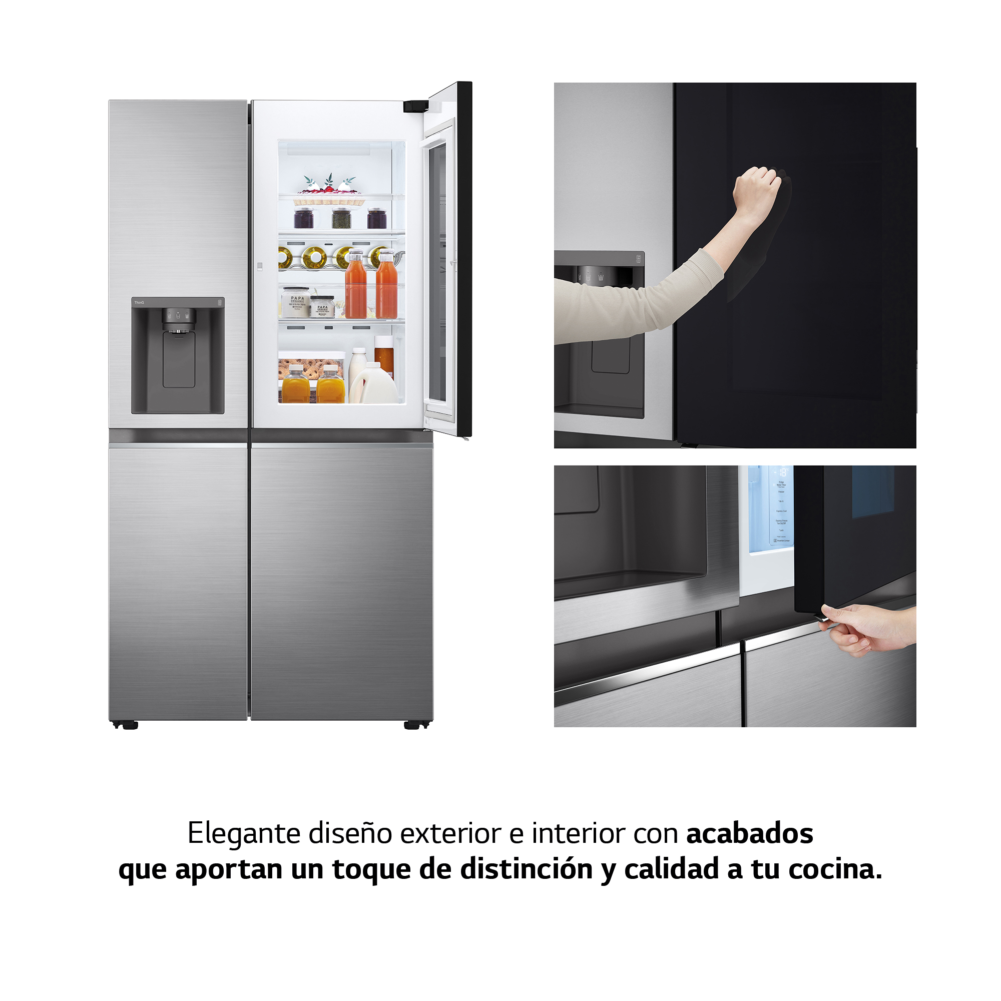 Refrigerador de acero inoxidable con puerta abierta, mostrando bebidas.