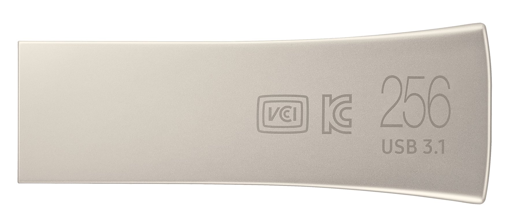 Egy ezüst USB flash meghajtó. Jelölések vannak rajta, beleértve a VCI logót, a KC-t és a '256 USB 3.1'-et.