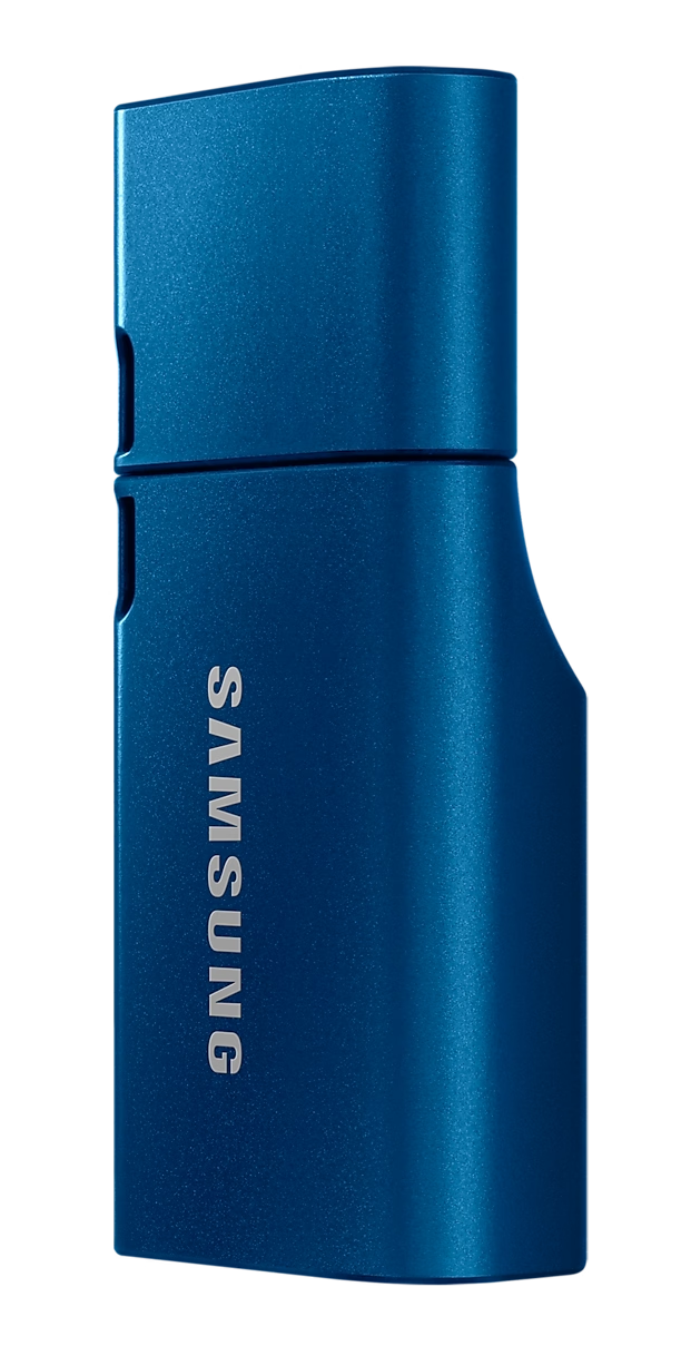 Kék Samsung hordozható SSD. Hengeres forma, SAMSUNG felirat az oldalán.