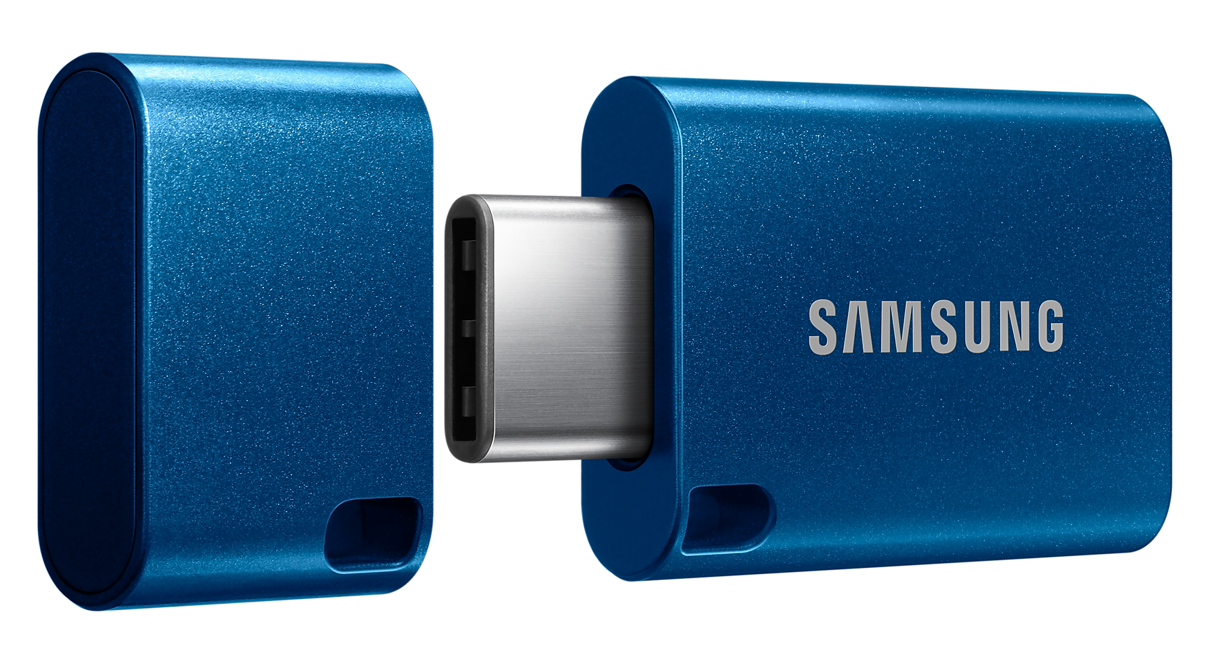 Kék Samsung USB-C pendrive. Az USB meghajtó nyitott, a csatlakozót mutatja.